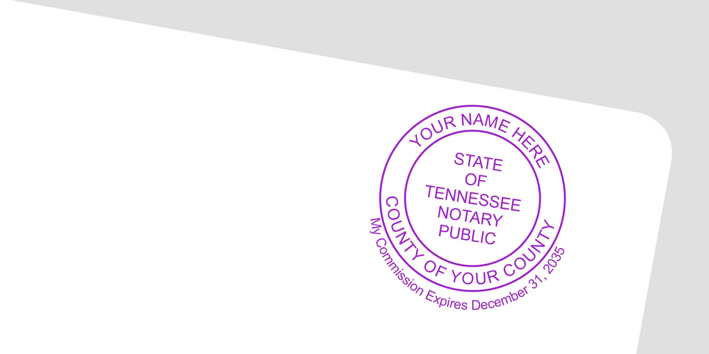Purple circular Tennessee Notary Public seal on white background reading "Your Name Here," county placeholder and commission expiration date — customizable notary stamp.