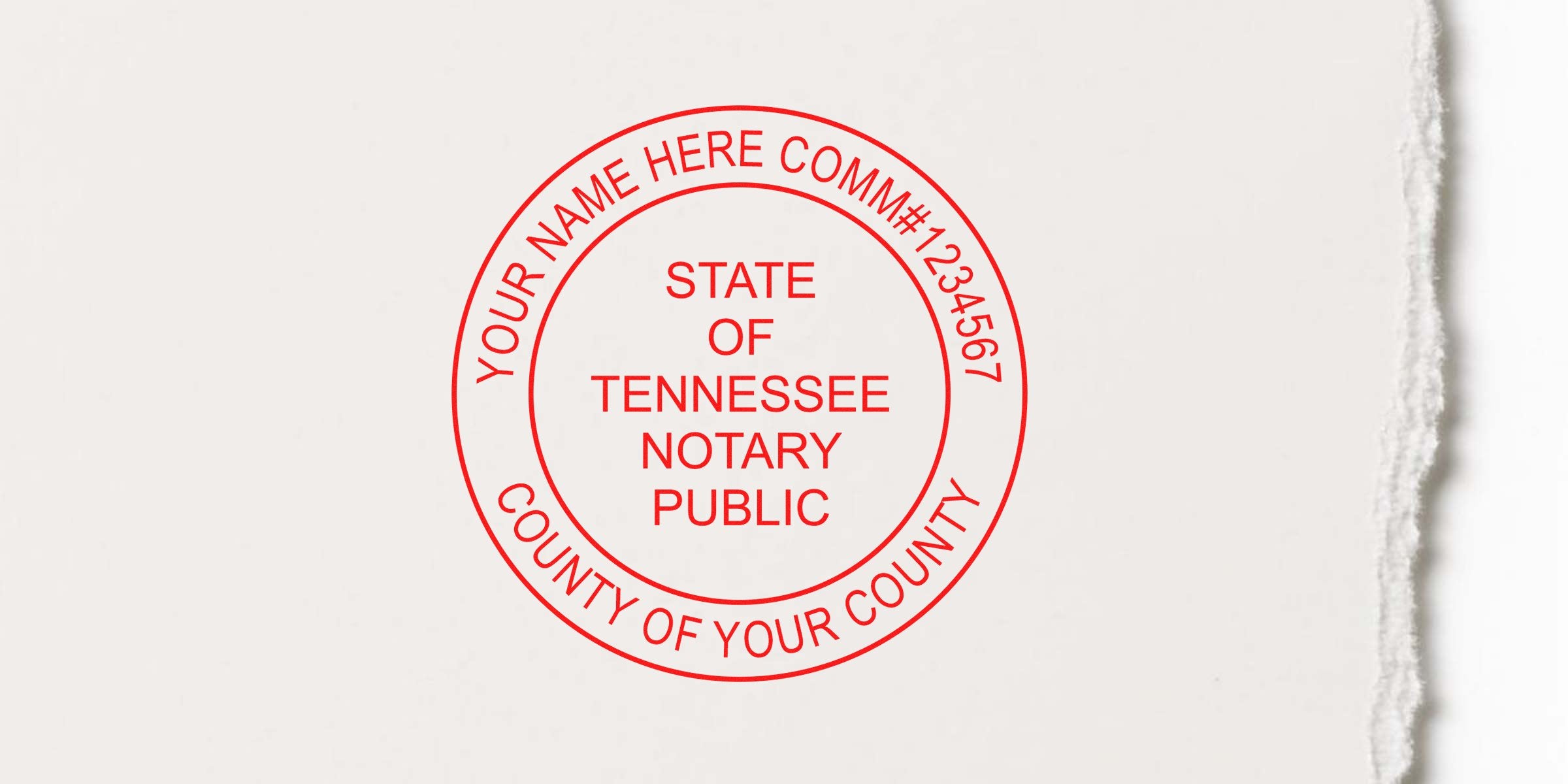 Red circular Tennessee notary public seal stamped on off-white paper with placeholder text "State of Tennessee Notary Public," mockup county name, and sample commission number around the outer ring.