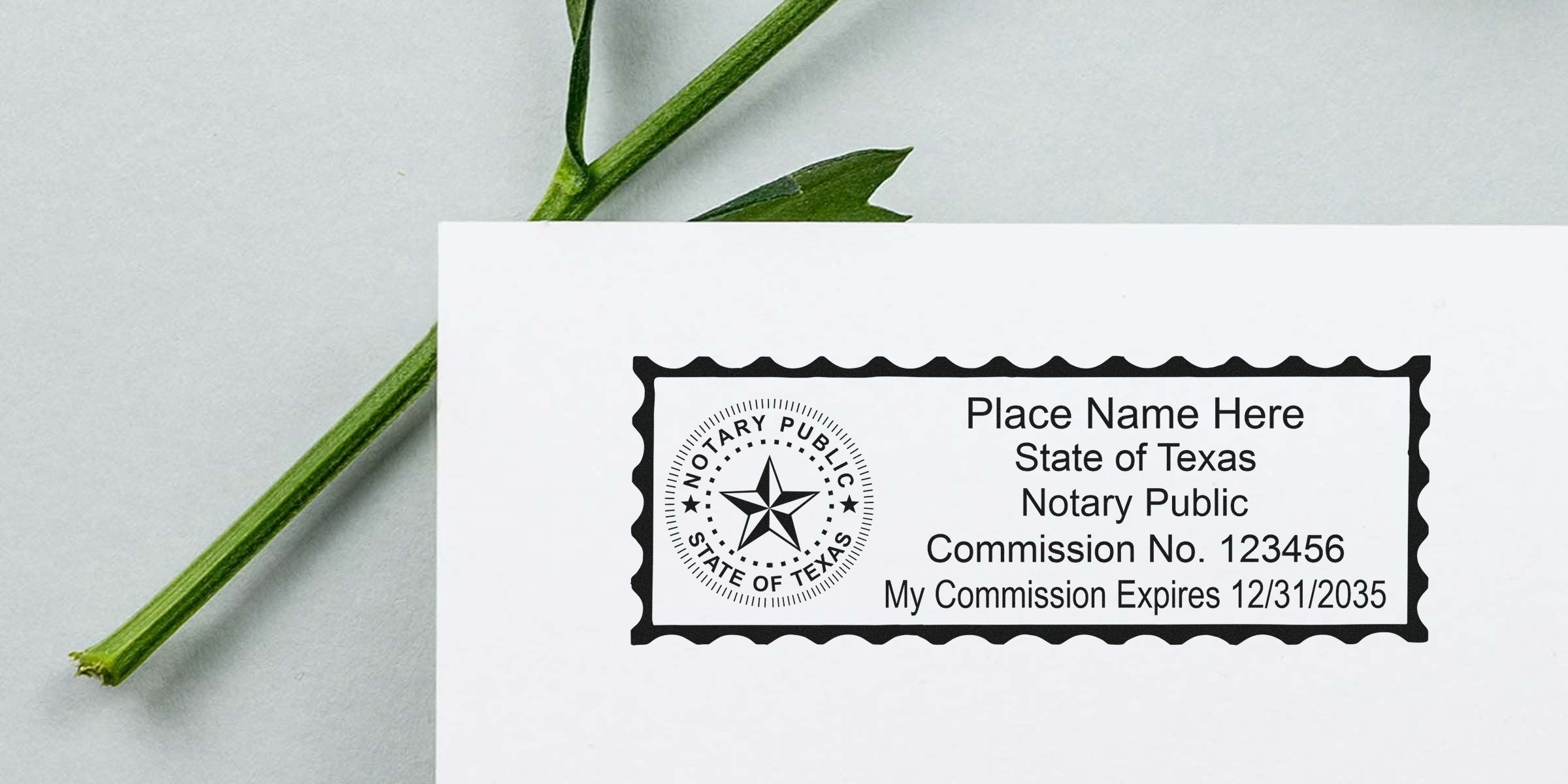 Black Texas notary public rubber stamp on white paper showing star seal, sample name, commission number and expiration date.
