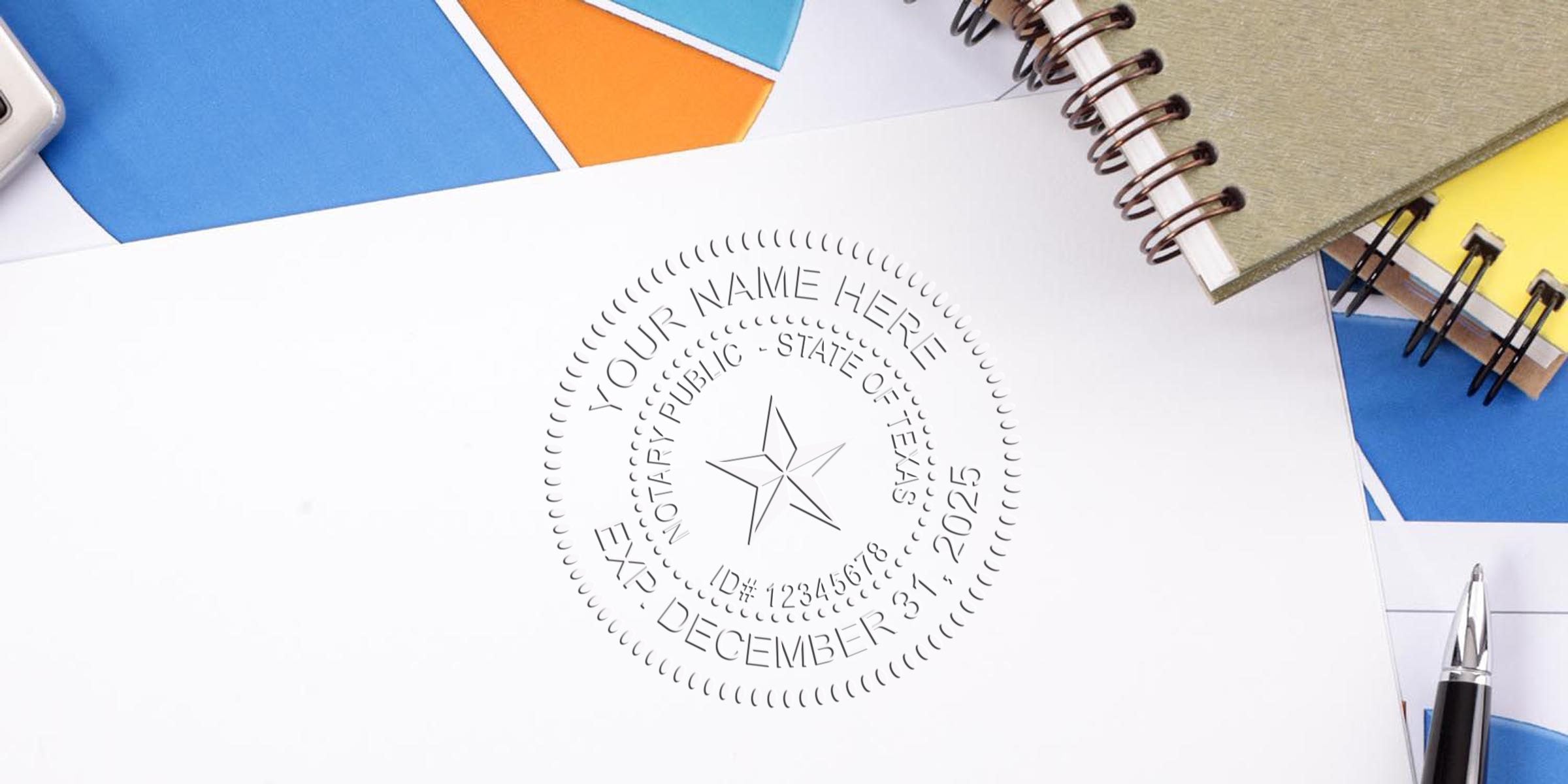 Embossed notary seal on white paper reading "Your Name Here" with star emblem, surrounded by spiral notebooks, colorful paper accents and a silver pen — office stationery and notary certification concept.