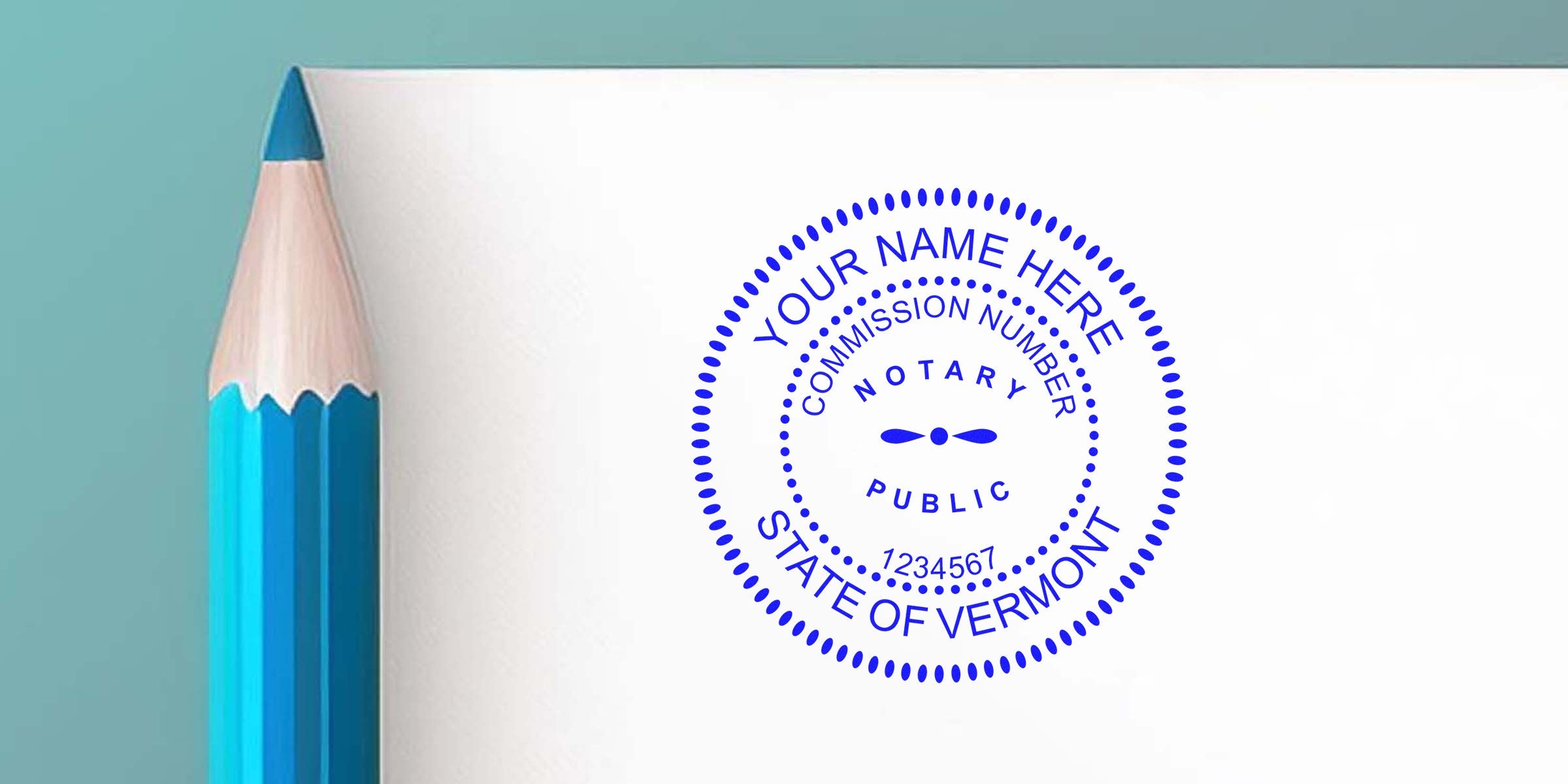 Close-up of a blue wooden pencil next to a circular blue notary public seal mockup on white paper reading "Your Name Here", "Commission Number", "State of Vermont"
