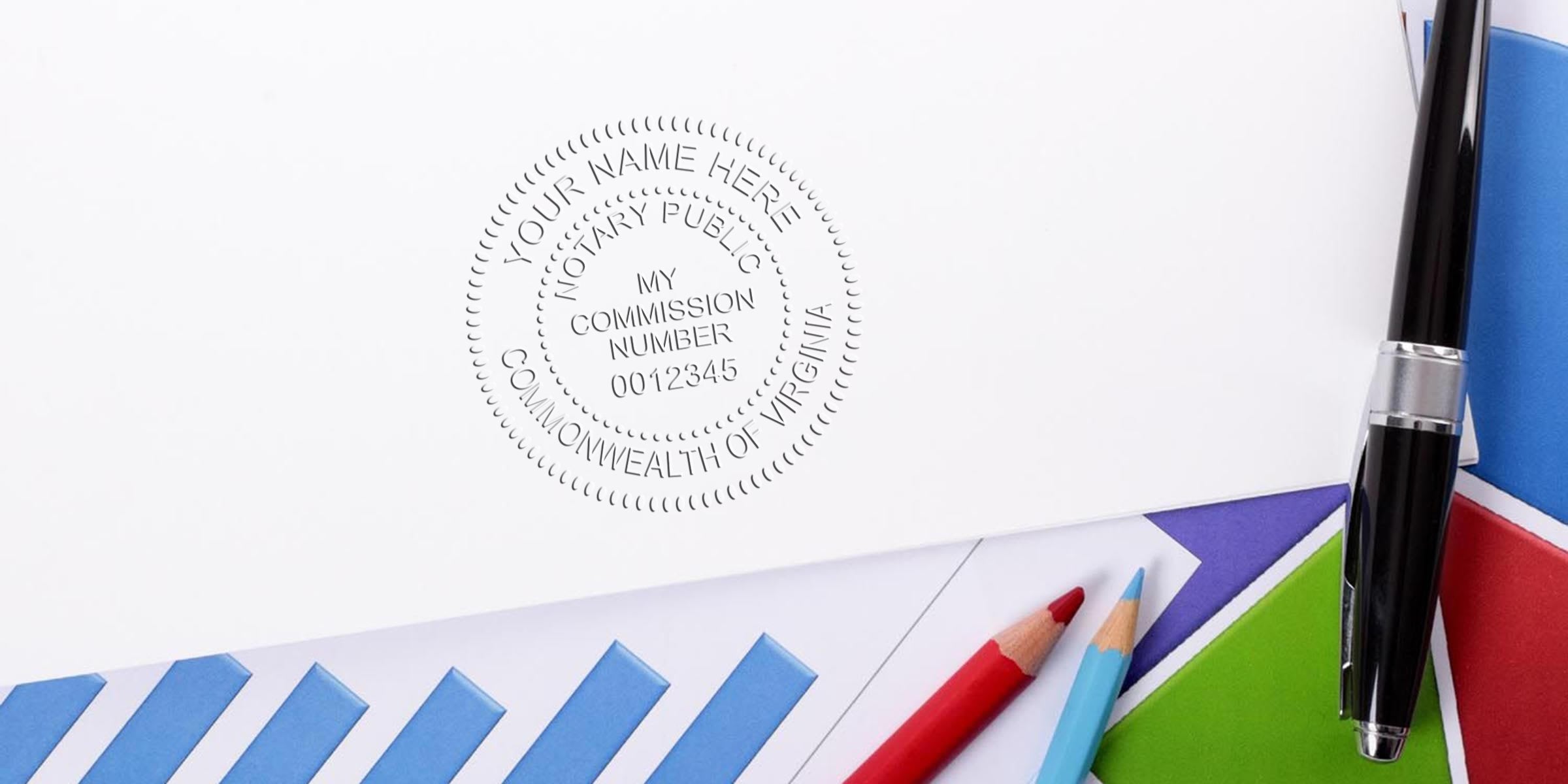 Notary emboss seal impression on white paper reading "Notary Public, My Commission Number" beside a black pen, red and blue colored pencils and colorful bar chart/financial documents on a desk