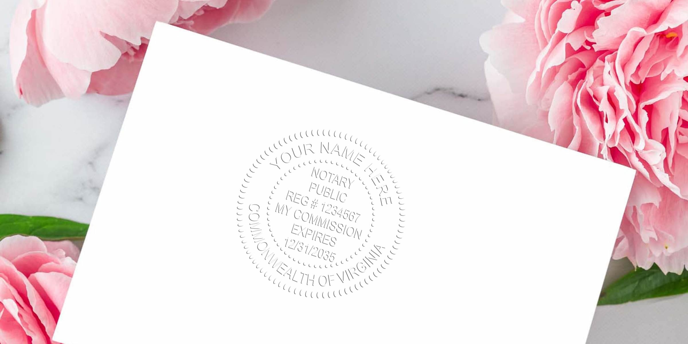 Embossed notary seal on white card angled over marble background with pink peonies — elegant stationery image for notary, wedding or invitation mockup