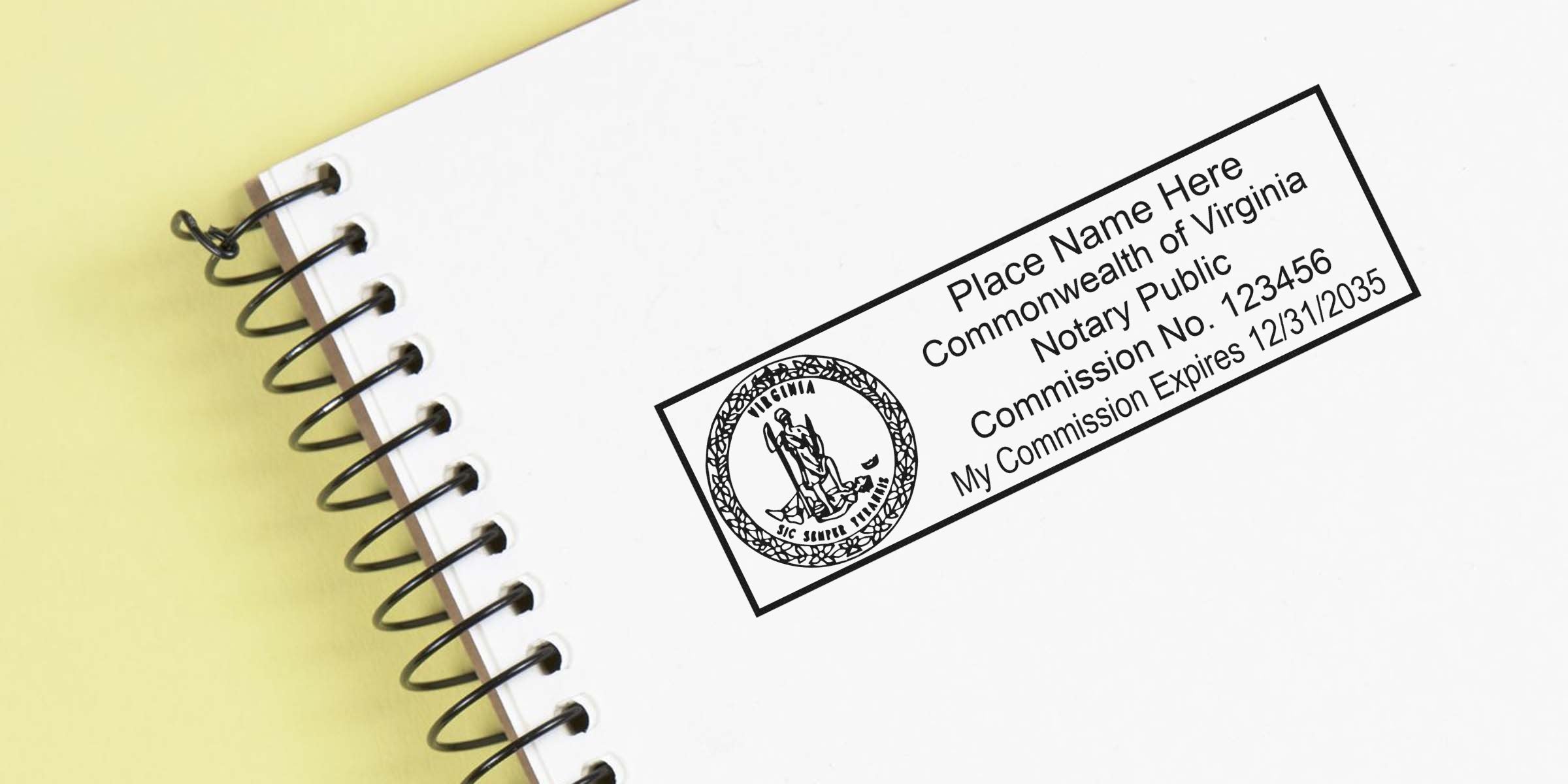 Spiral-bound notebook page with a rectangular Virginia notary public stamp and state seal showing placeholder name, commission number and expiration date on white paper against a pale yellow background