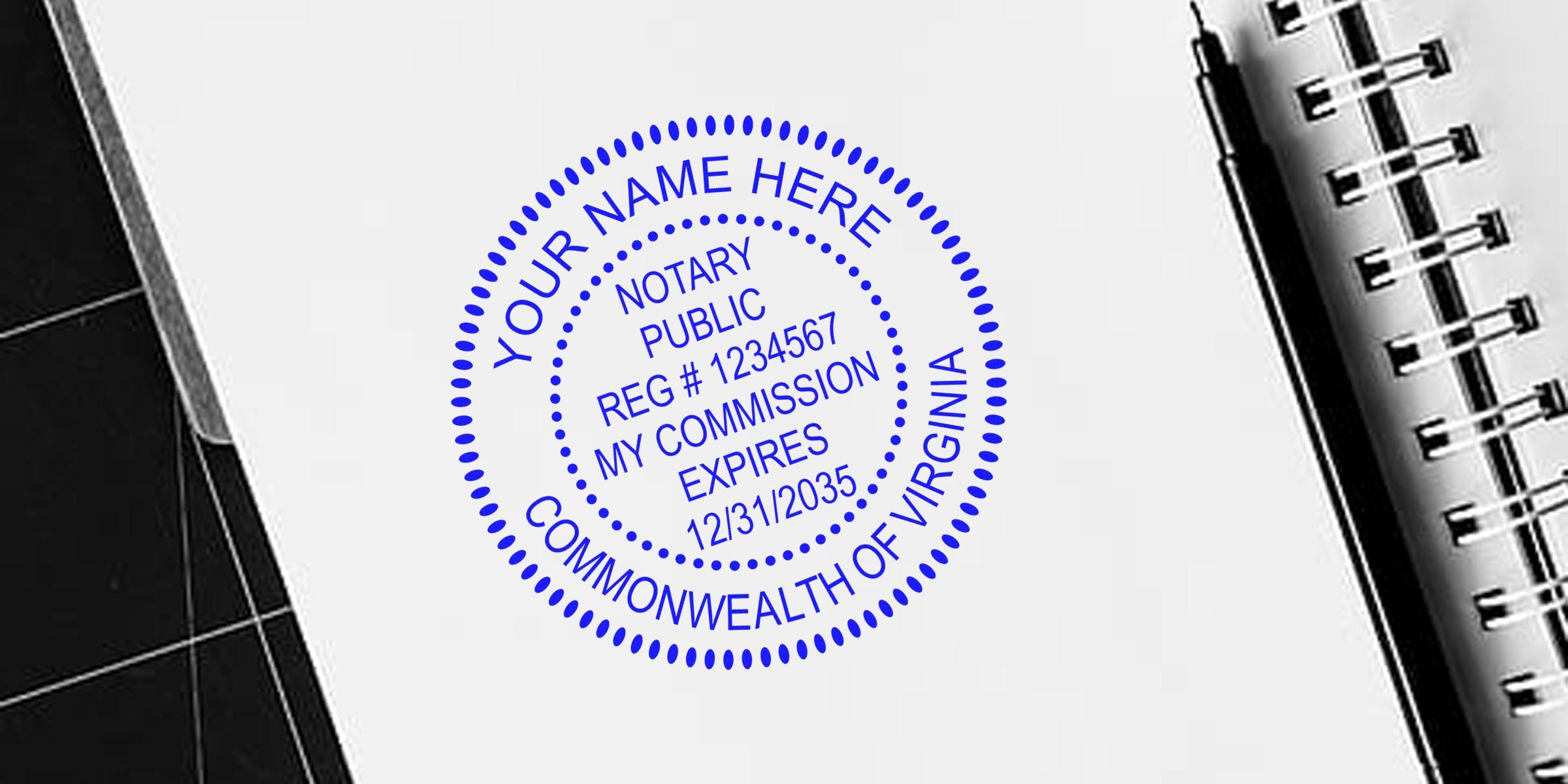 Blue circular notary public stamp mockup reading "Your Name Here" with registration number and commission expiry, labeled Commonwealth of Virginia, printed on white paper next to a spiral notebook and black pen