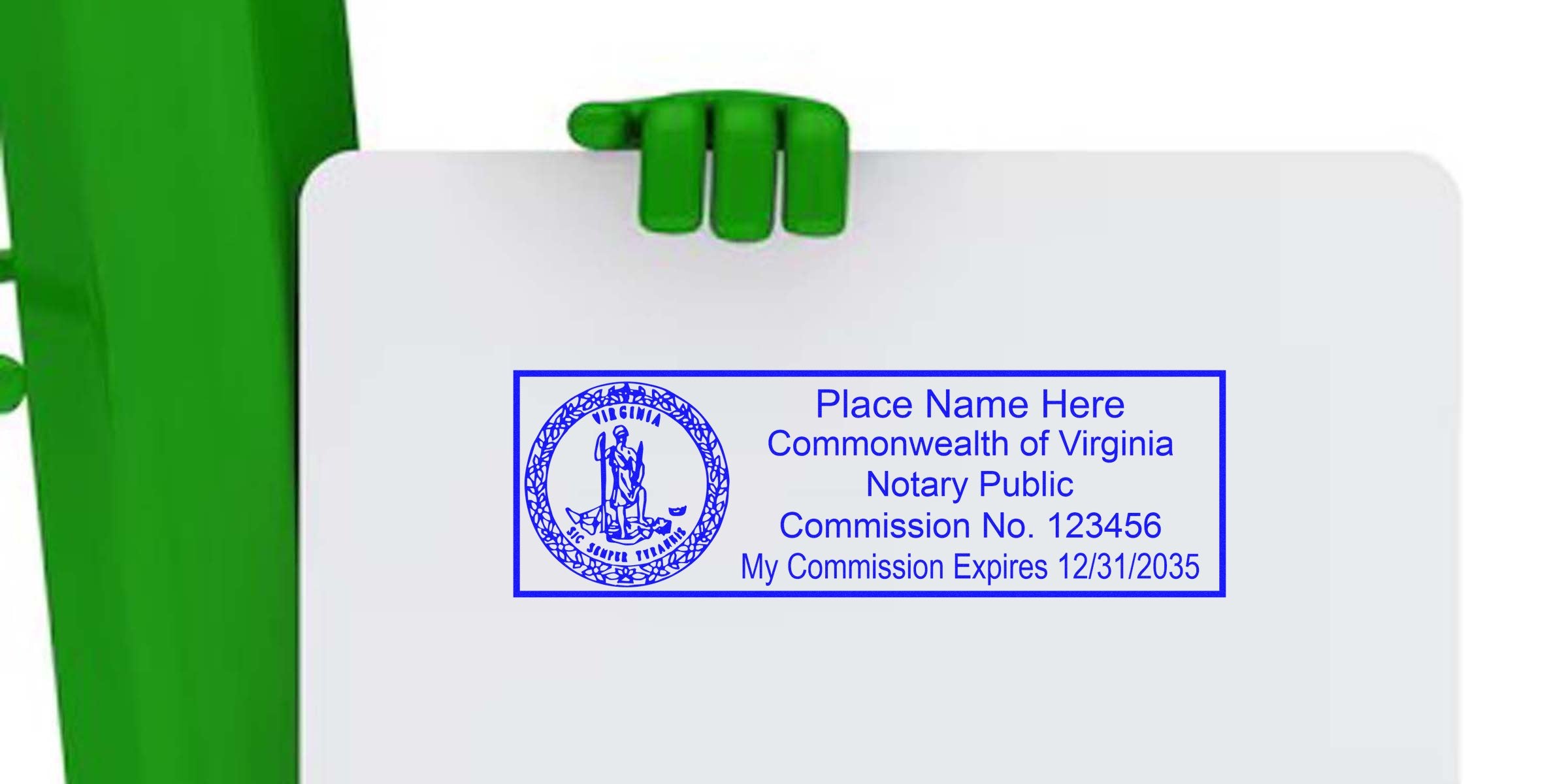 Blue rectangular Virginia notary public stamp mockup on white card held by green figure, sample text "Place Name Here," commission No. 123456 and commission expires 12/31/2035, state seal left side — notary stamp template image