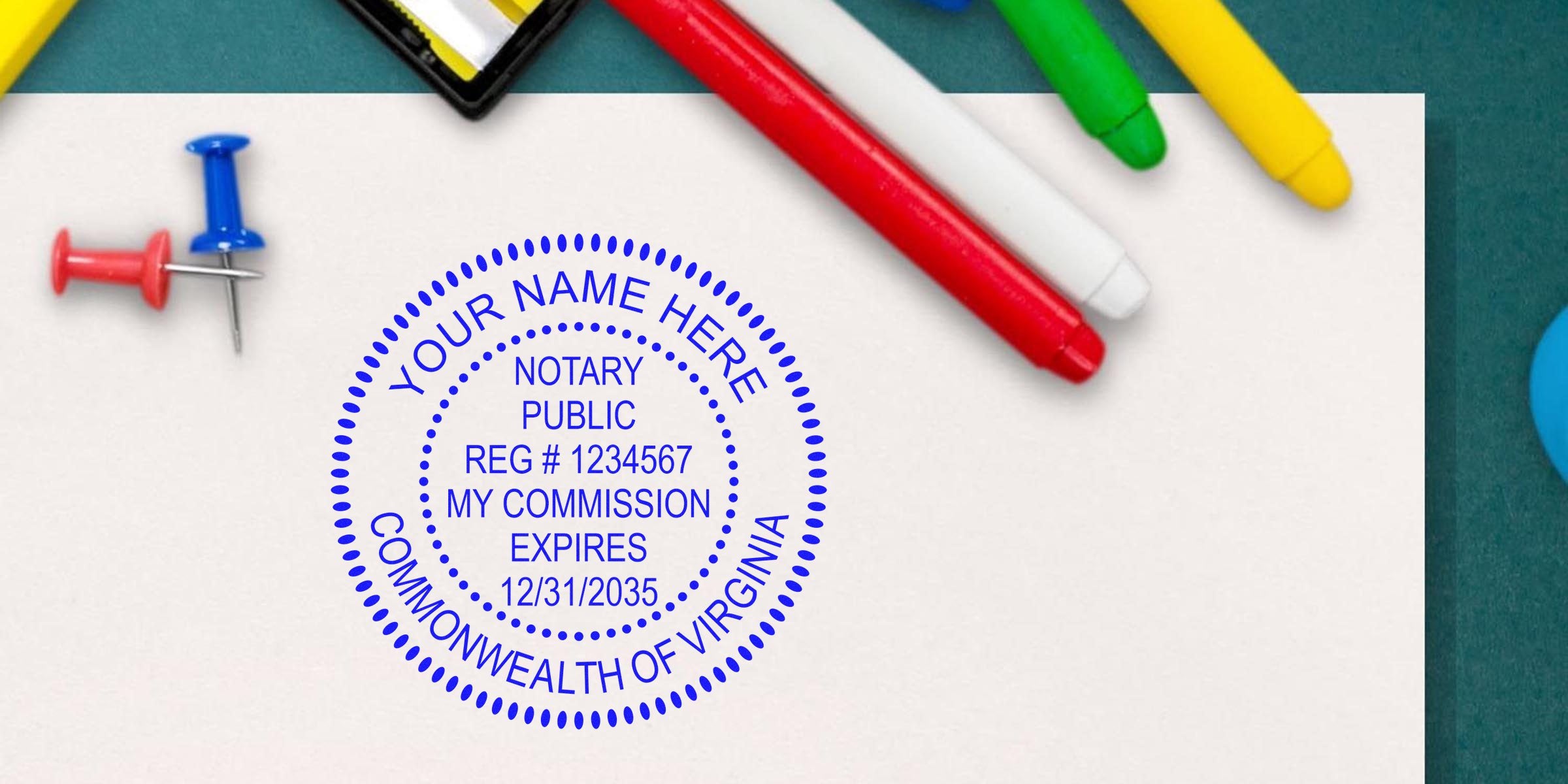 Blue circular notary stamp reading "Notary Public, Commonwealth of Virginia" on white paper, surrounded by colorful markers and push pins
