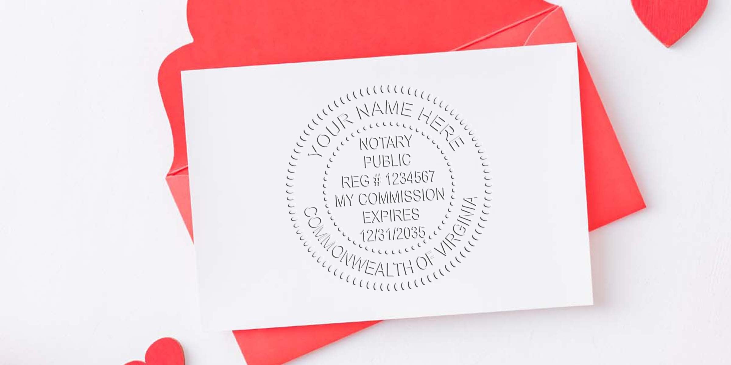 Embossed notary public seal on a white card resting on a red envelope with small red paper hearts, mockup showing notary commission details (Commonwealth of Virginia) for document or stationery design.