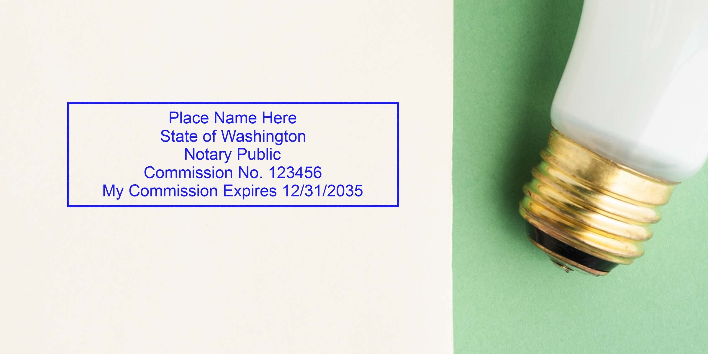 Blue rectangular notary stamp mockup reading "Place Name Here State of Washington Notary Public Commission No. 123456" beside a light bulb on green background, concept image for notary services and ideas.