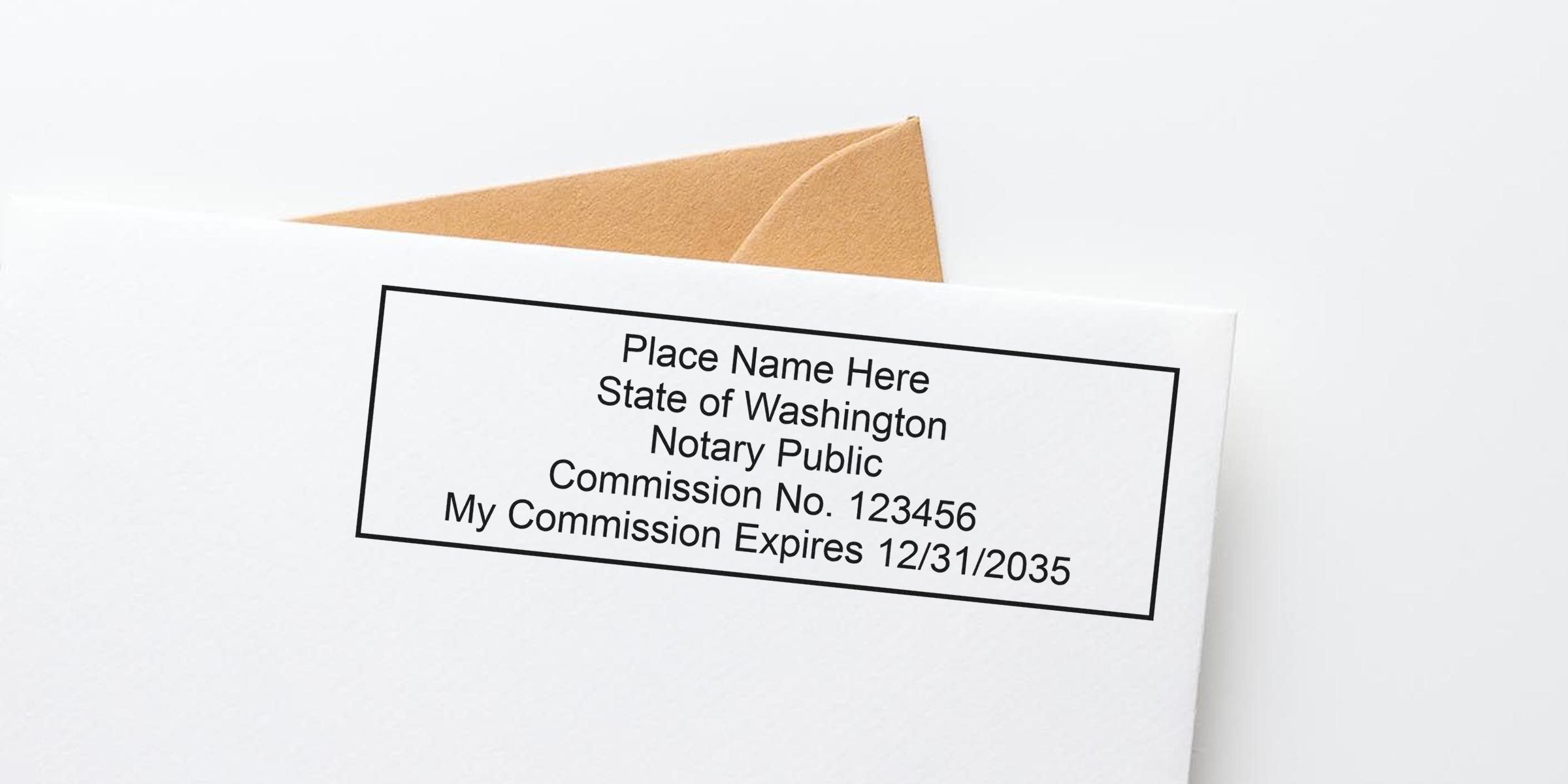 Envelope corner showing a rectangular notary stamp reading "Place Name Here, State of Washington, Notary Public, Commission No. 123456, My Commission Expires 12/31/2035" with a tan envelope peeking out.