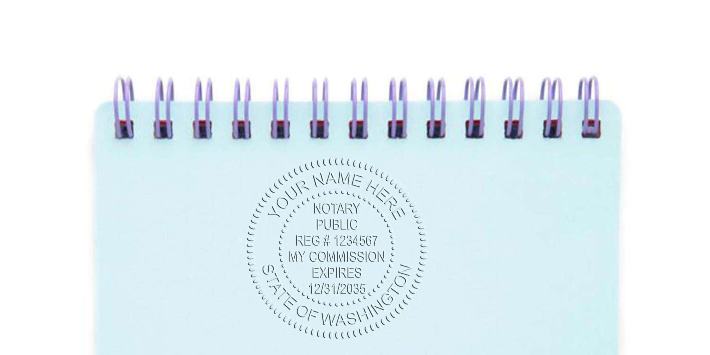 Spiral-bound light blue notepad with a circular embossed notary public seal reading "Your Name Here, Notary Public, State of Washington"