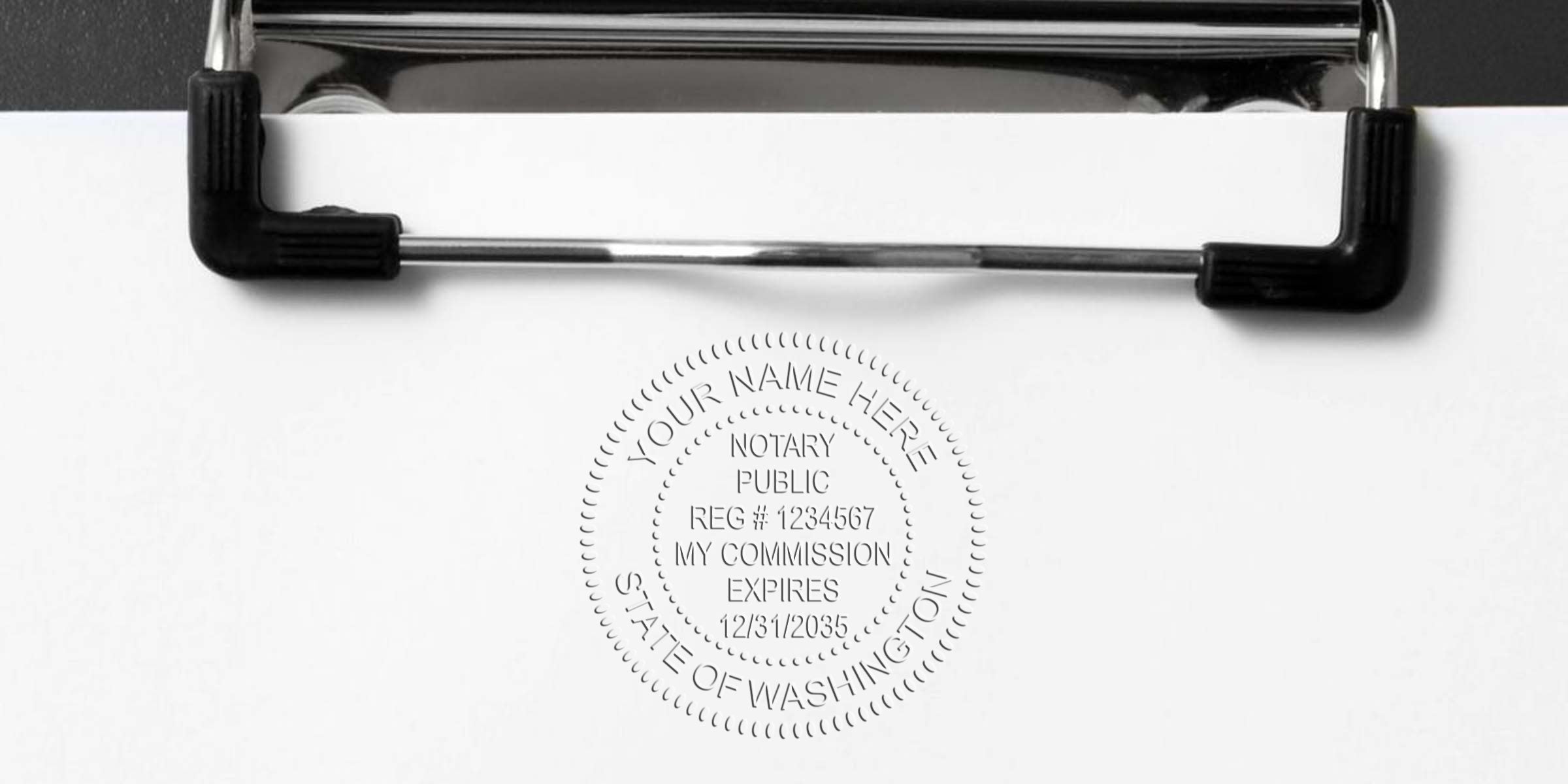Metal clipboard holding white paper with an embossed circular notary public seal reading "Your Name Here, Notary Public, Reg #1234567, My Commission Expires 12/31/2035, State of Washington."