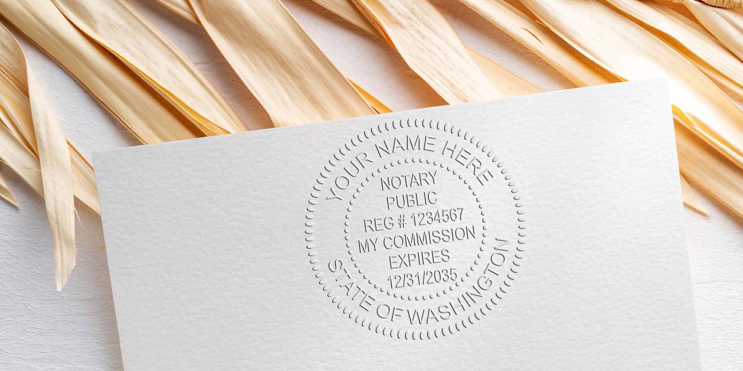Embossed notary public seal on textured white paper with decorative dried palm leaves background, circular State of Washington notary stamp