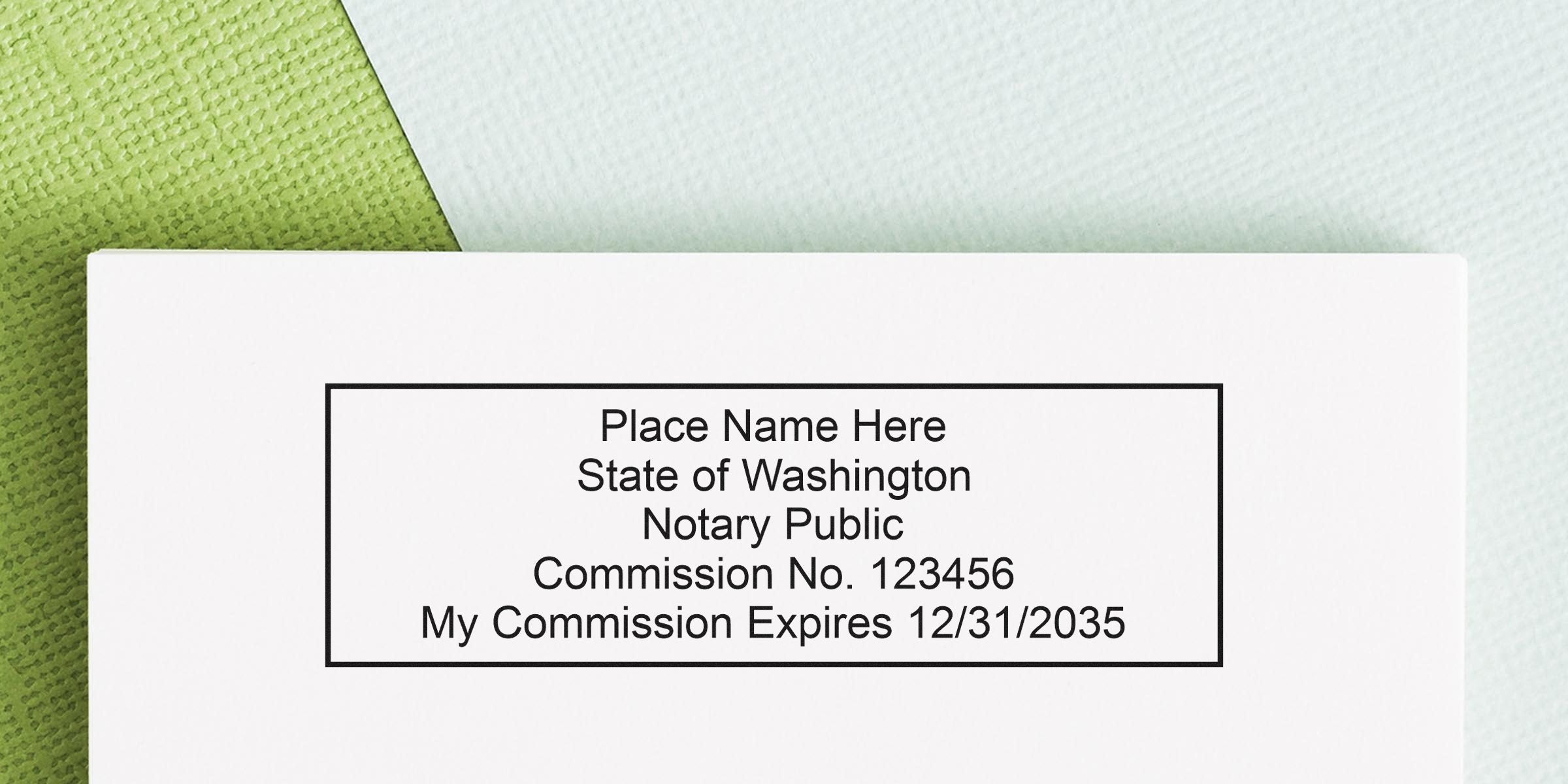 Notary public stamp template on white paper reading "Place Name Here, State of Washington, Notary Public, Commission No. 123456, My Commission Expires 12/31/2035" against a green textured background