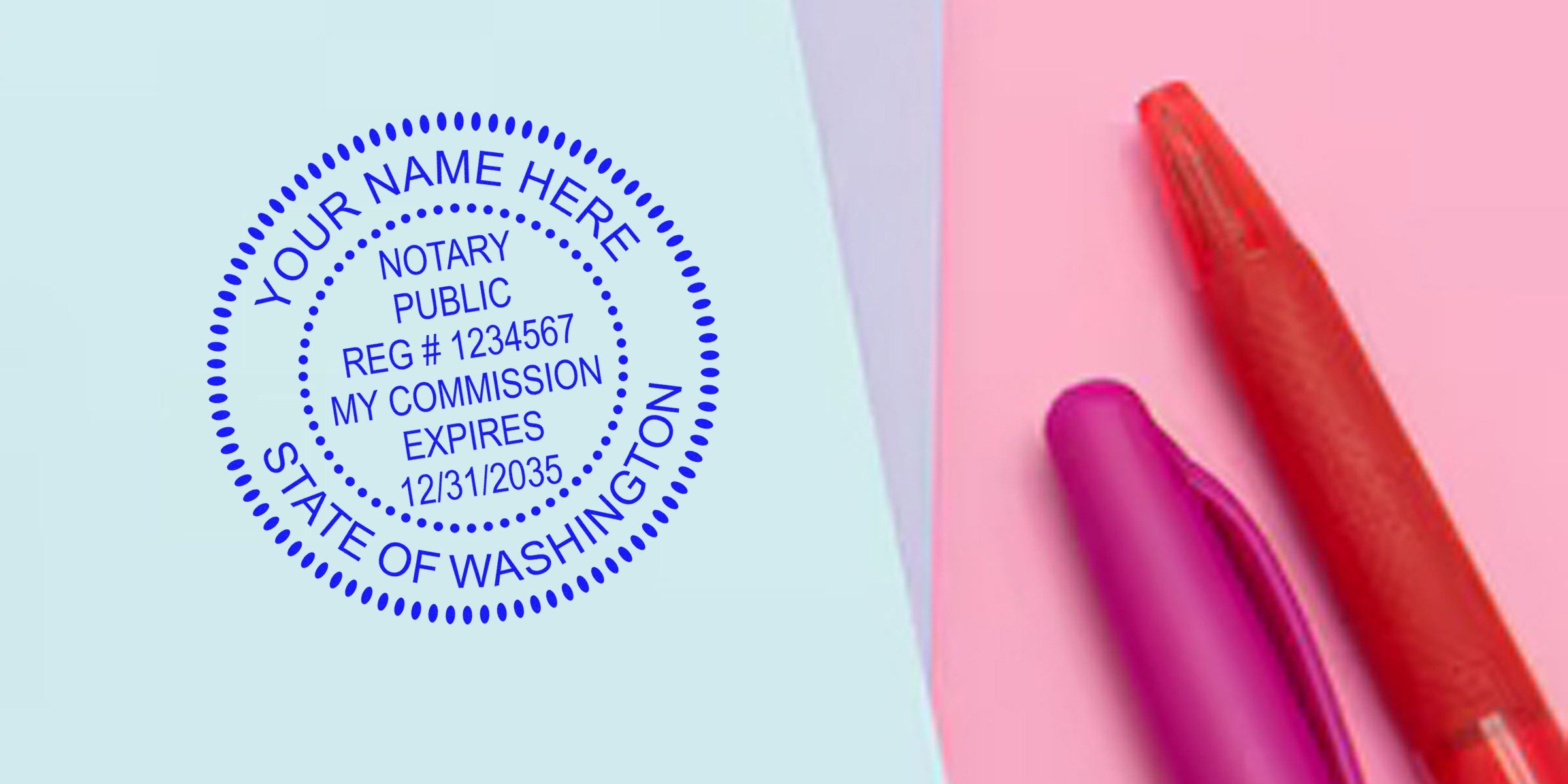 Blue notary public round stamp reading "State of Washington" on pastel paper beside red and purple pens, legal document concept
