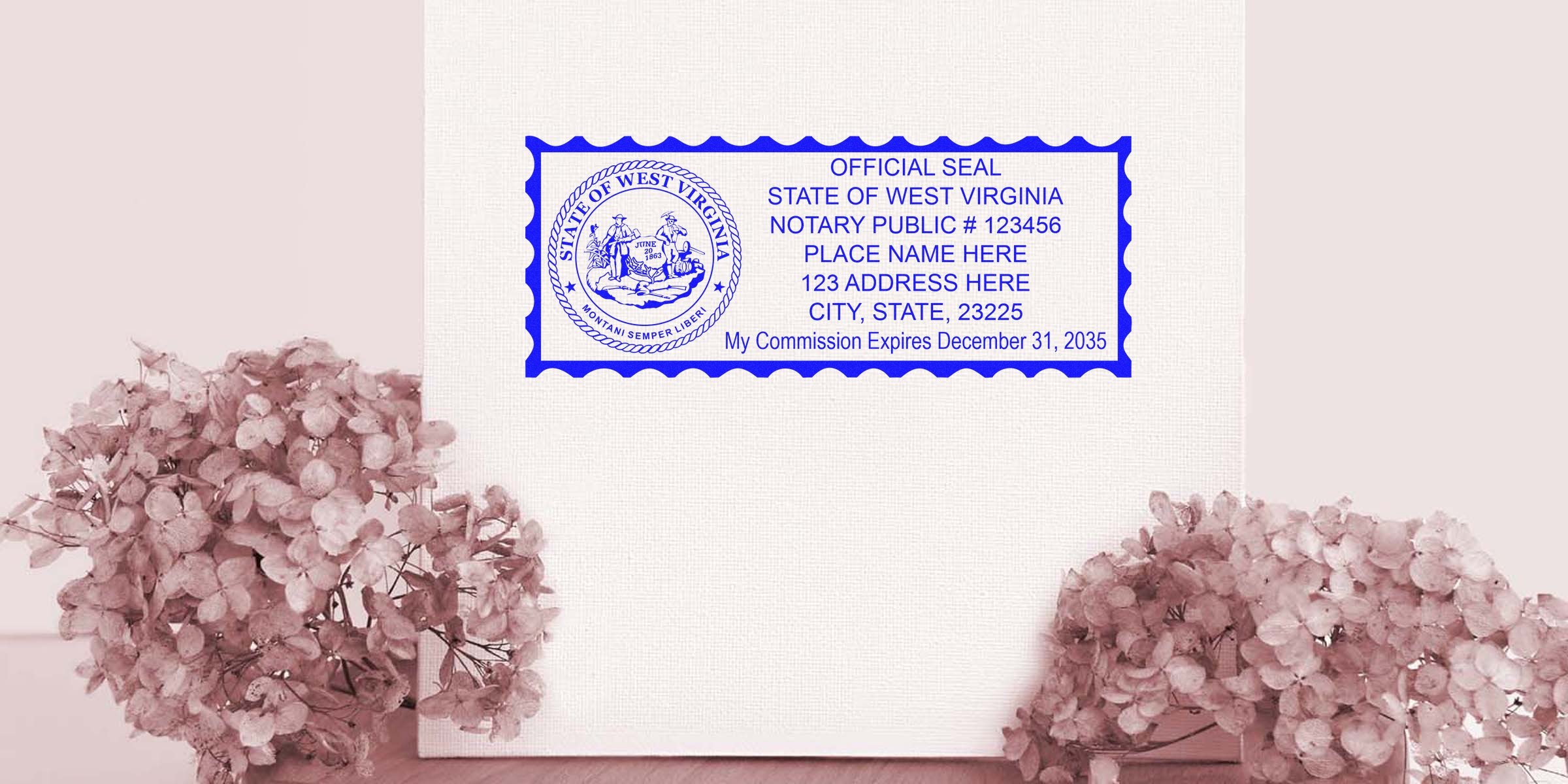 Blue West Virginia notary public seal stamp sample printed on canvas with placeholder address lines, flanked by pink hydrangea flowers.