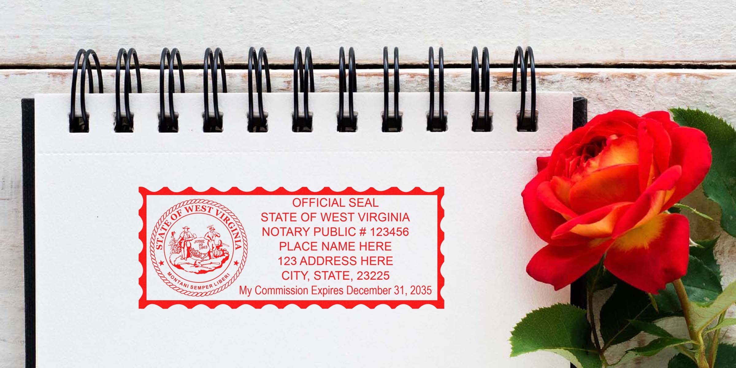 Spiral-bound notebook page with a red West Virginia notary public official seal stamp on white paper, decorative scalloped border, and a red rose beside it.