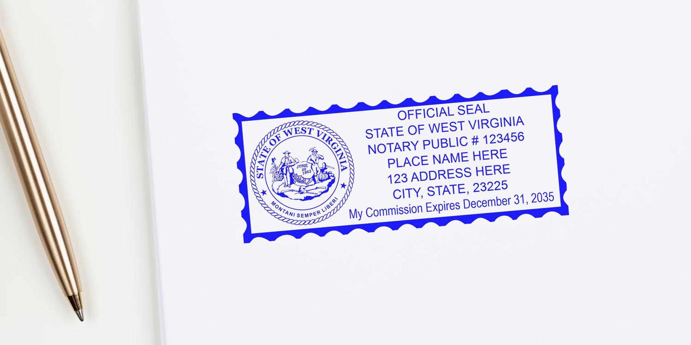 Blue rectangular notary stamp showing the State of West Virginia official seal and sample notary text/address fields on white paper beside a gold pen.