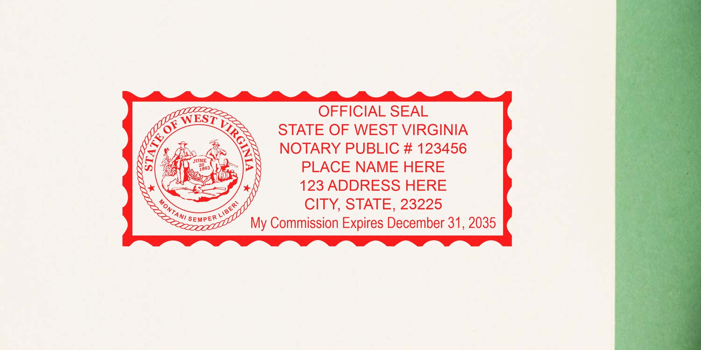 Red rectangular official State of West Virginia notary seal stamp in red ink with circular state seal, notary name/number and commission expiration date placeholders
