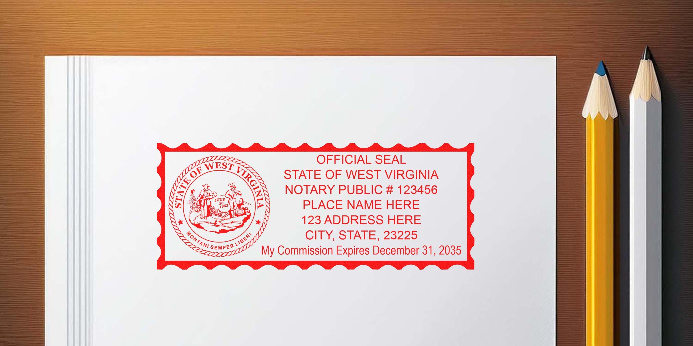 Red West Virginia notary public seal stamp template on white paper with scalloped border and sample text beside two pencils, suitable for notary stamp mockup or printable notary seal design.
