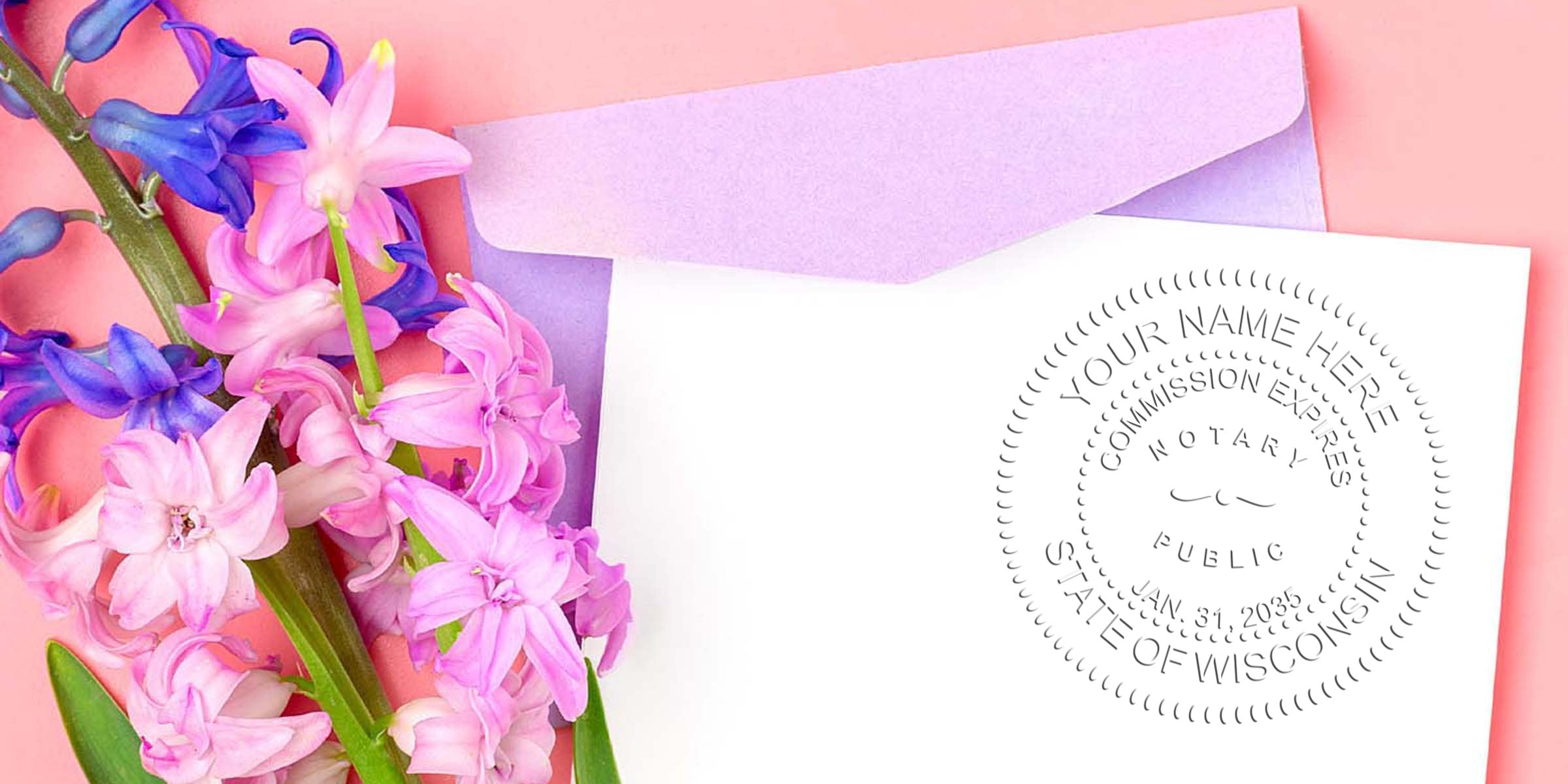 Pink and purple hyacinth flowers beside a lavender envelope and white paper stamped with a circular notary seal on a pastel pink background