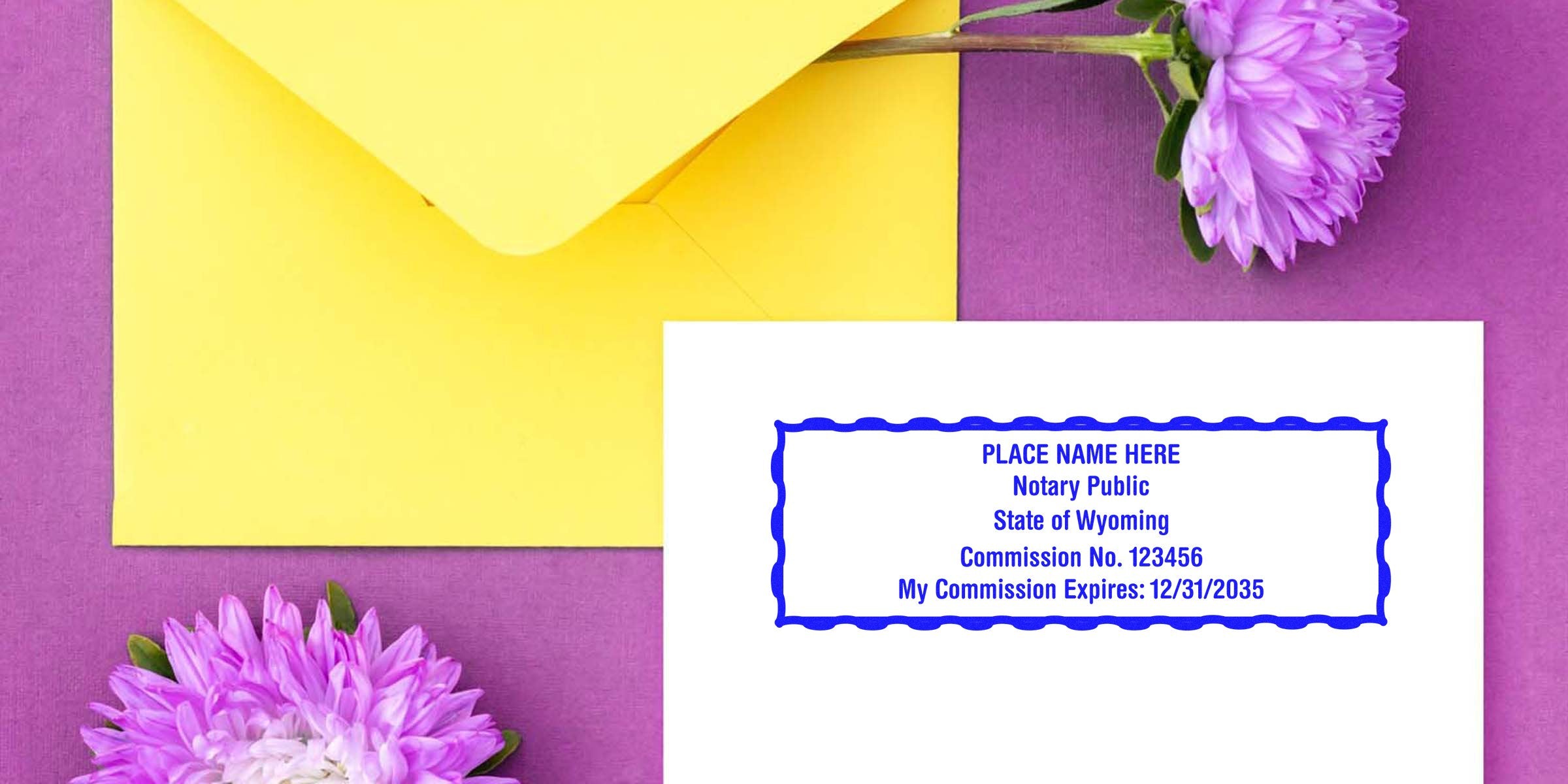 Yellow envelope on purple background with purple asters and white card showing blue Wyoming notary public stamp mockup and commission details placeholder