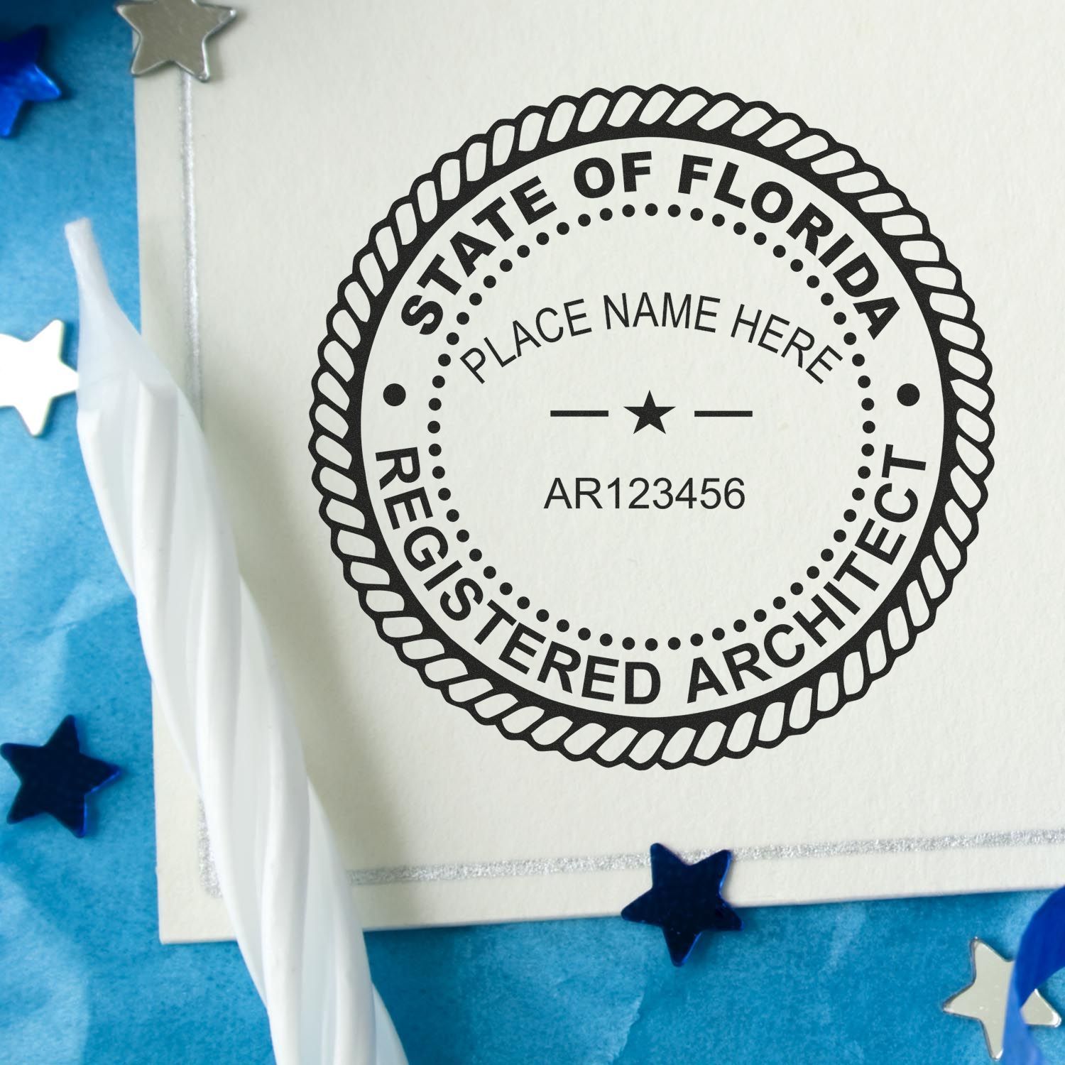 Image of a Florida architect seal on a white card with blue stars, featured in the blog post Unlocking Professionalism: Guide to Florida Architect Seals.