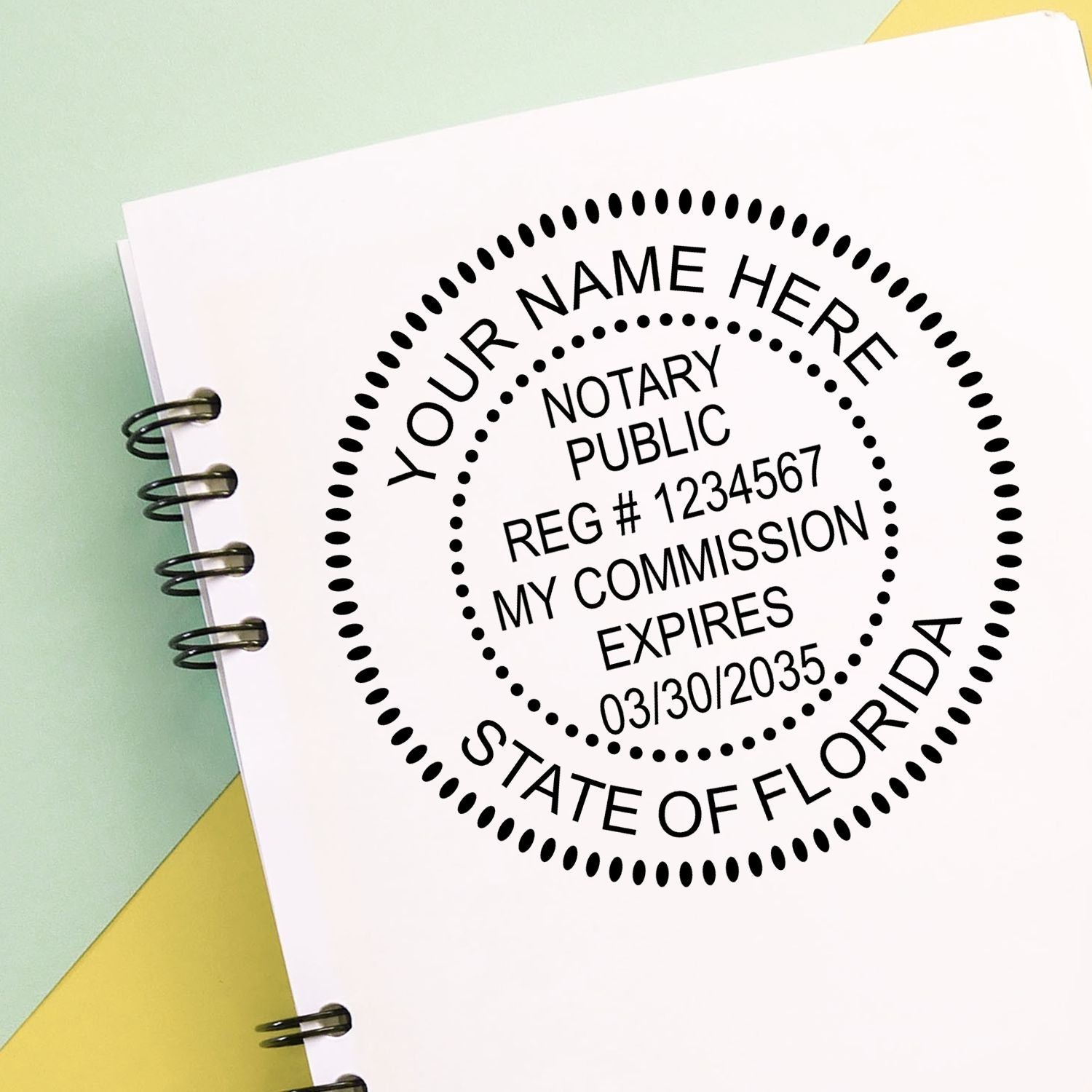 Image of a notary public seal on a notebook with the text Florida Notary Public: Mastering the Seal Requirements Feature Image.