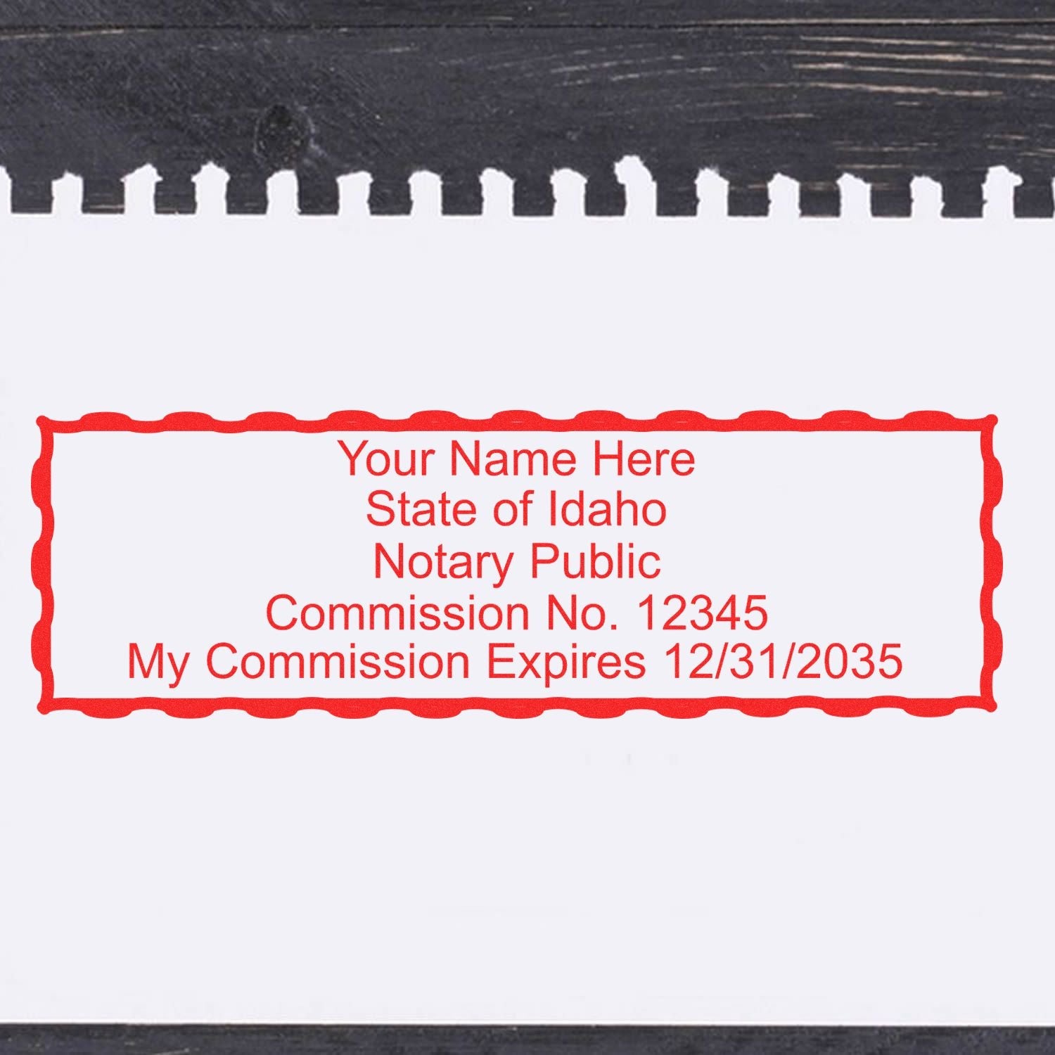 Image of a notary stamp with text Idaho Notary Public: Navigating the World of Notary Bonds Feature Image showing commission details and expiration date.