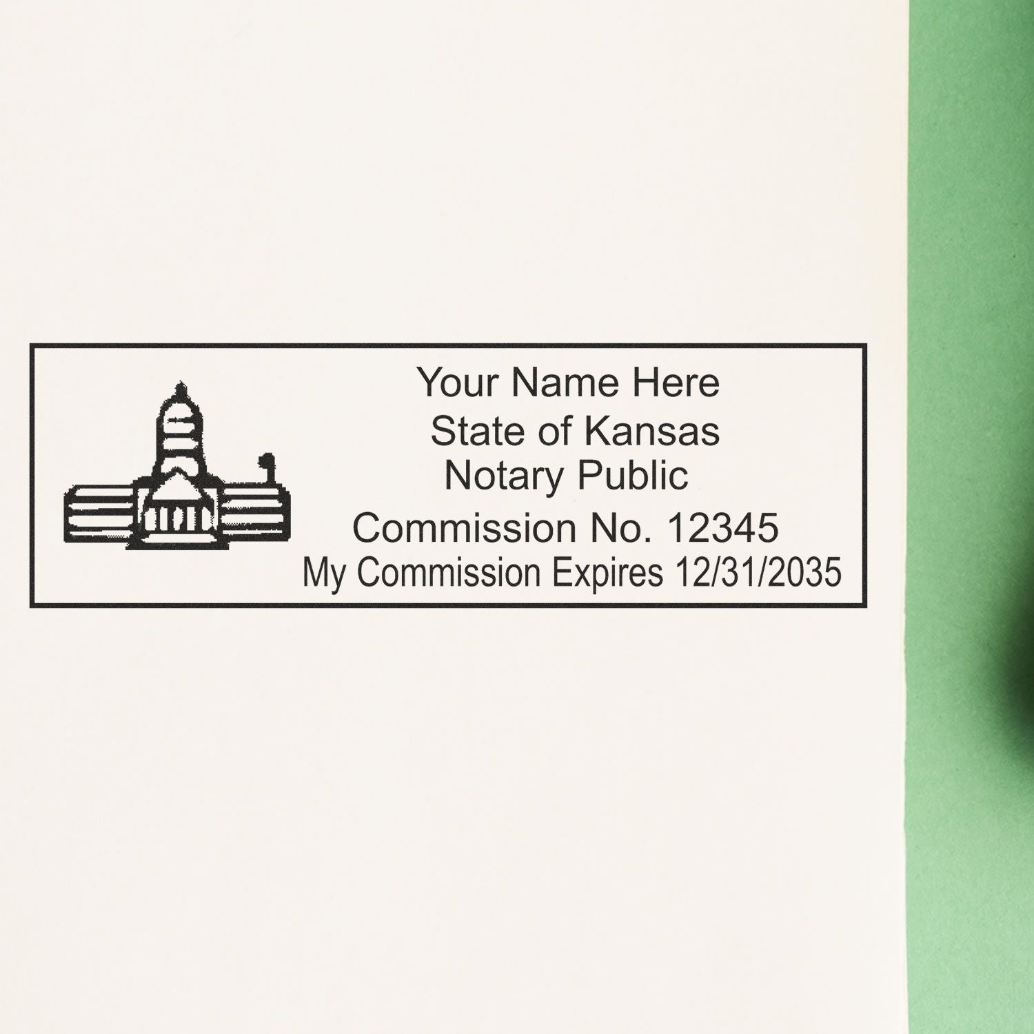 Image of a Kansas notary public stamp with text Unleashing Your Notary Powers: The Kansas Handbook Feature Image.