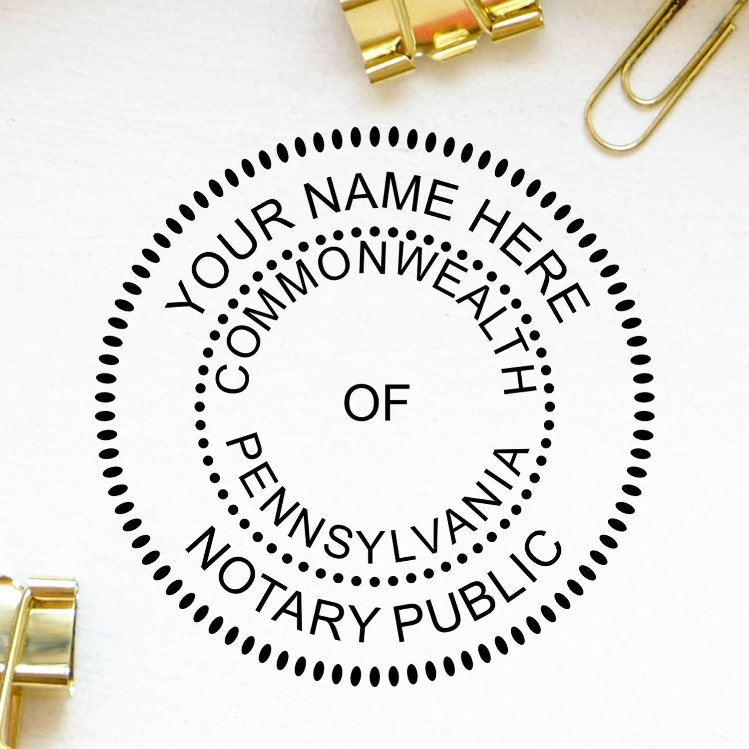 Image of a Pennsylvania Notary Public seal with text Your Name Here on a white background. Blog post: Pennsylvania Notary Seals: Your Path to Notarial Excellence Feature Image.
