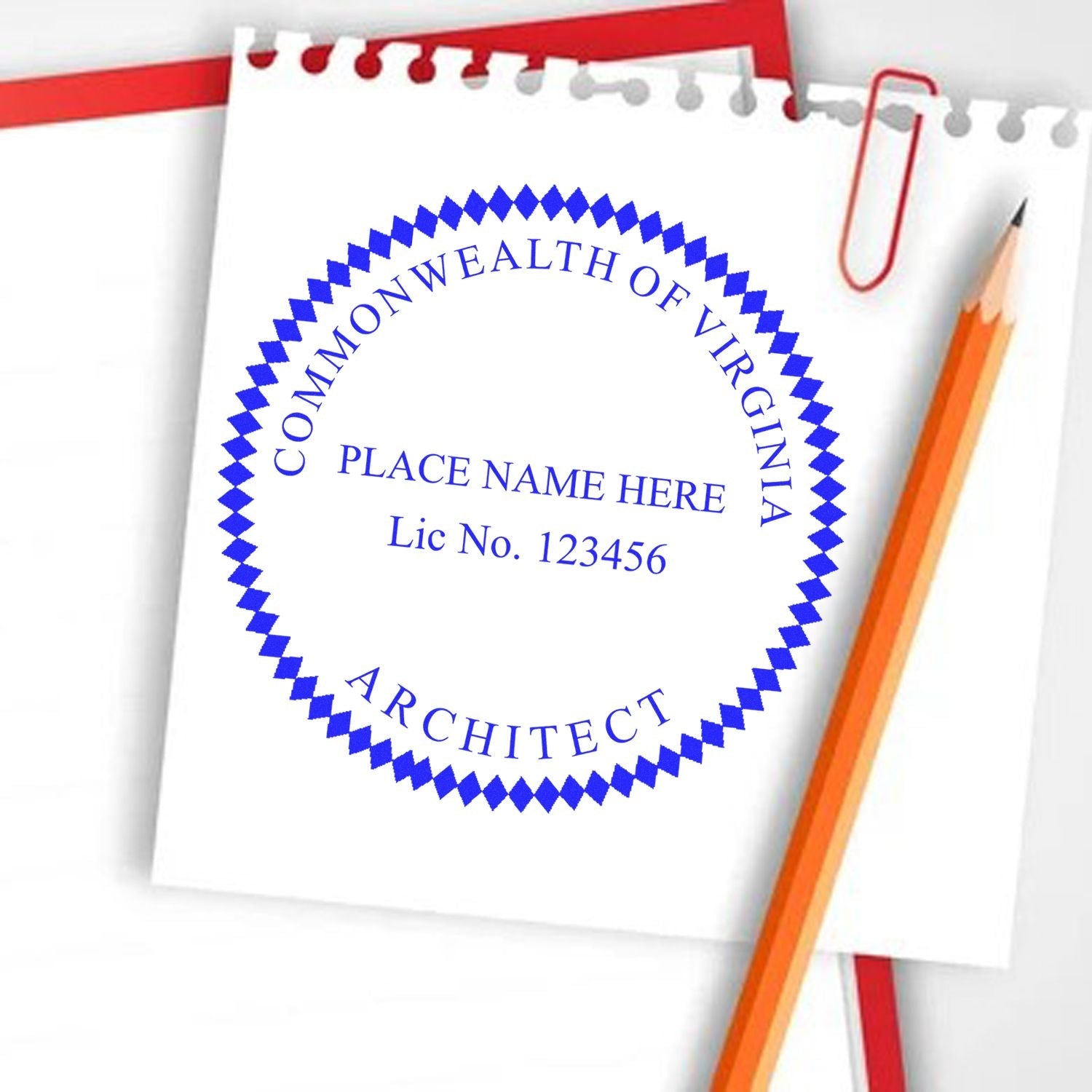 Image of a Virginia architect seal on a notepad with a pencil and paperclip. Blog post: Unlocking Professionalism: Top Picks for Architect Seals Feature Image.