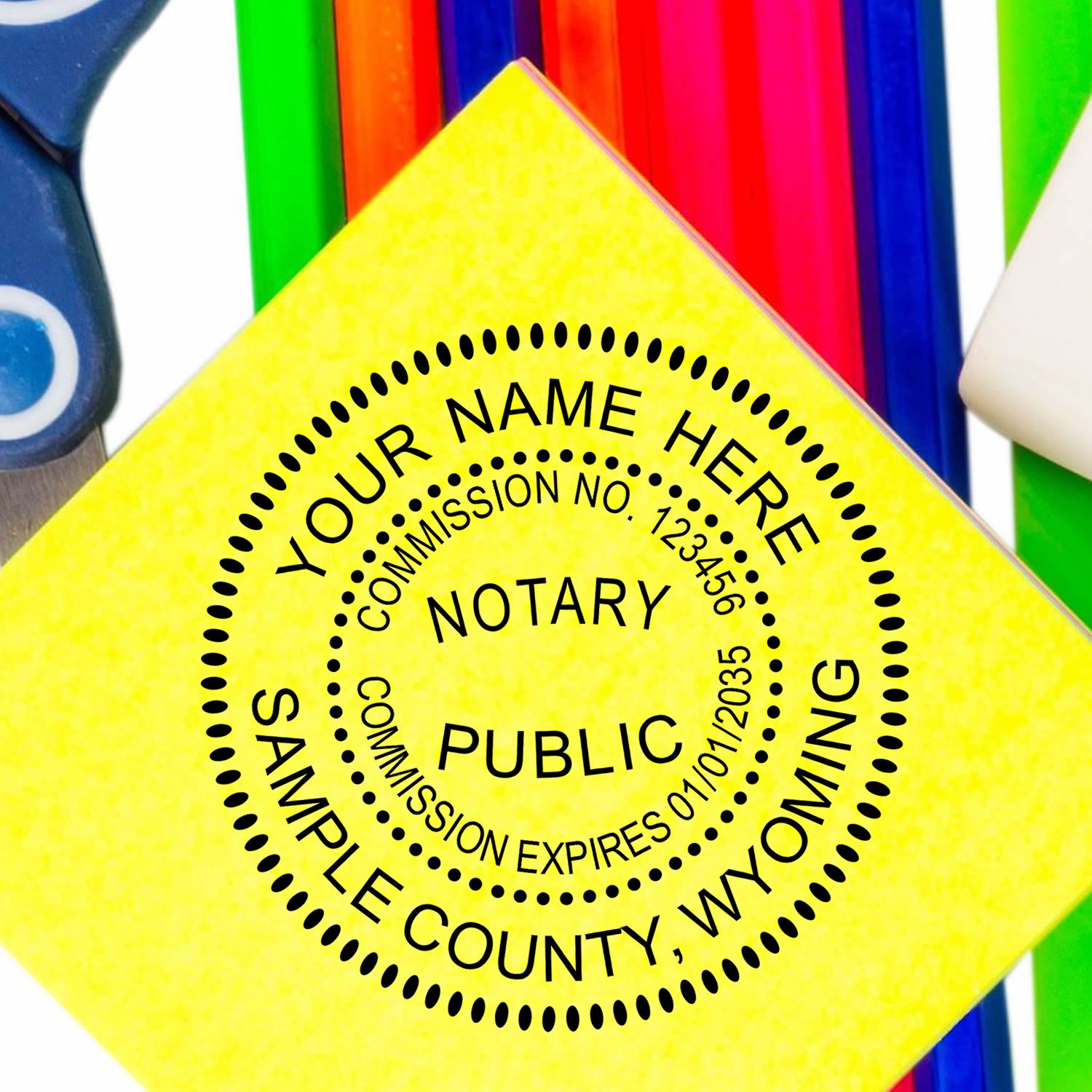 Effortless Record-Keeping: Wyoming Notary Journals Uncovered Feature Image. Close-up of a Wyoming notary public seal stamp on a yellow background.