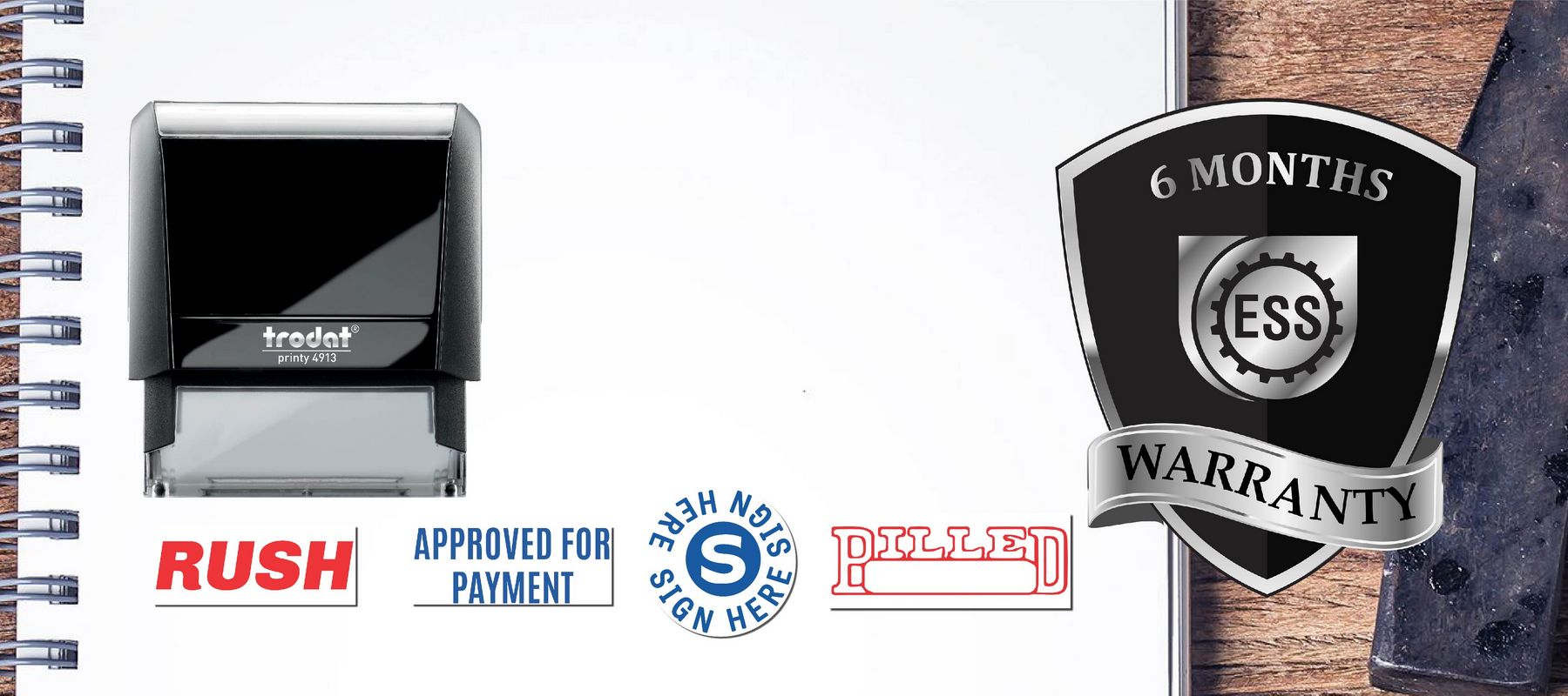 Image showing various Stock Office Self-Inking Stamps, including "RUSH," "APPROVED FOR PAYMENT," "SIGN HERE," and "PAID," with a 6-month warranty badge.