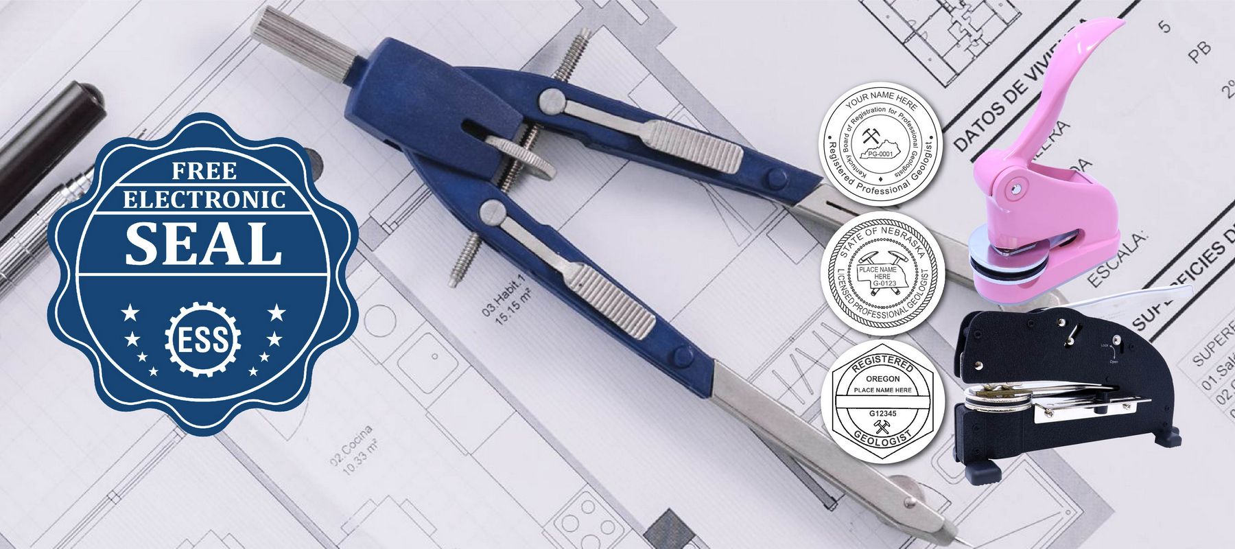 Image of drafting tools, a blueprint, and various seals and stamps from the Geologist Seal and Stamps collection.