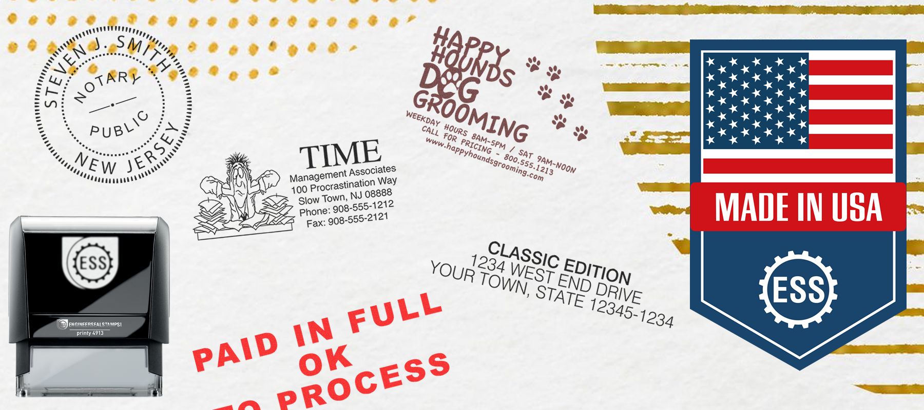 Various stamped Images showing text like "PAID IN FULL", "HAPPY DOG GROOMING", etc. with a custom stamp and Made in USA badge