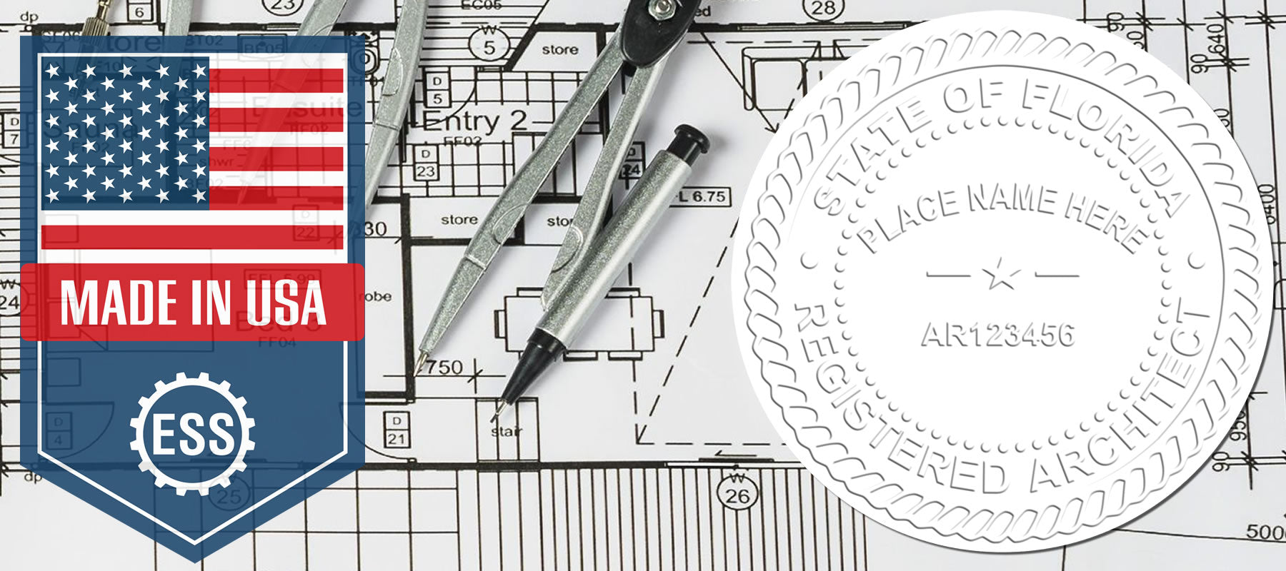 Blueprint with architectural tools, a "Made in USA" badge, and a State of Florida Registered Architect seal. Part of the Feature Products collection.