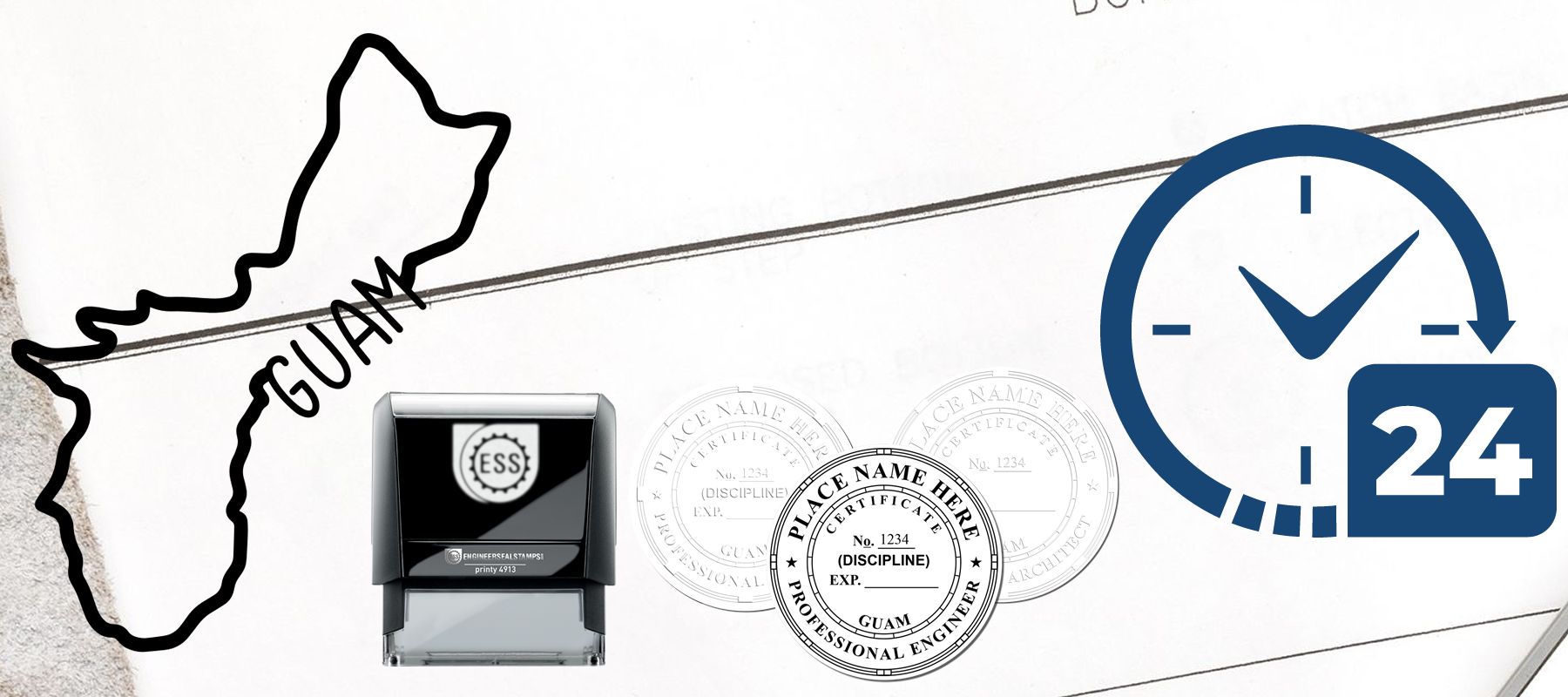 Guam Stamps and Seals collection image featuring a map outline of Guam, various seals, a stamp, and a 24-hour clock icon.