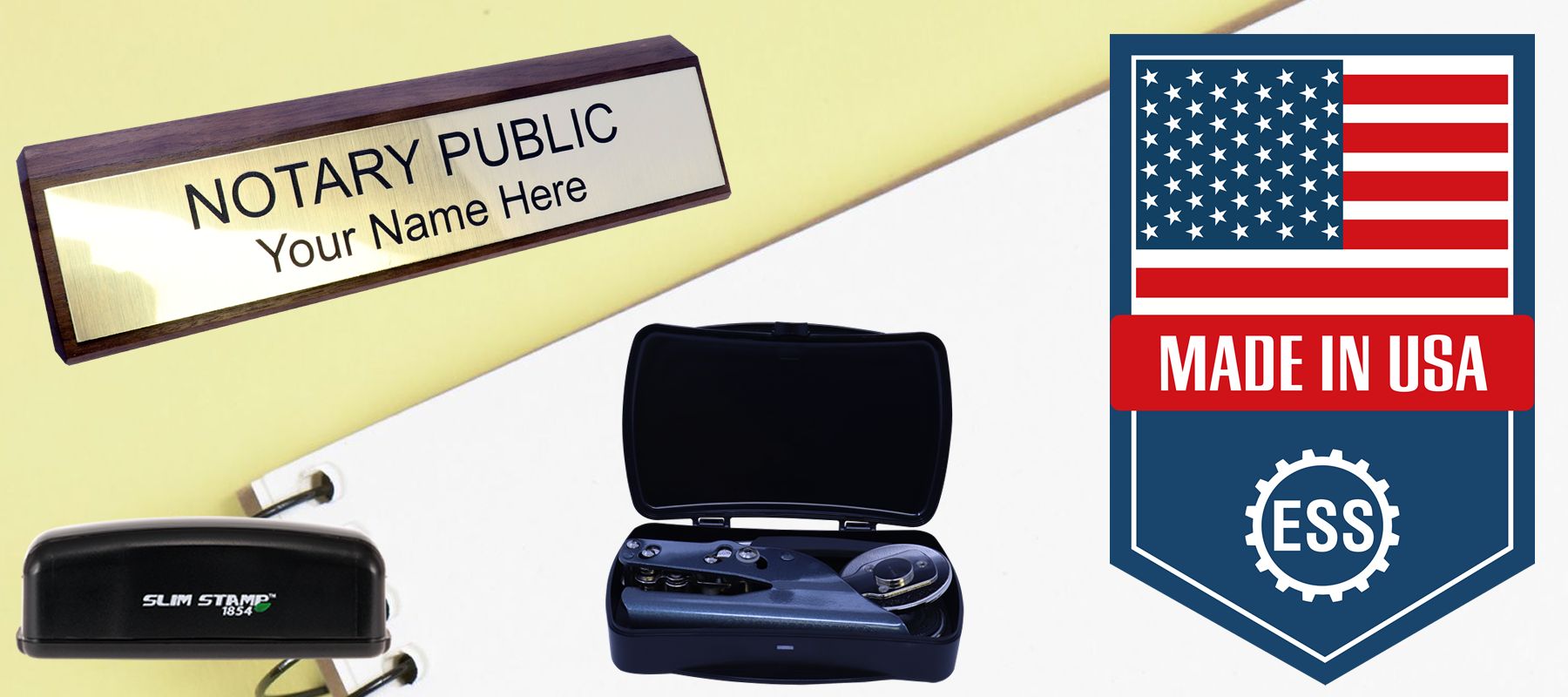 Notary Supplies collection featuring a nameplate, a stamp, a seal embosser, and a "Made in USA" badge with an American flag.
