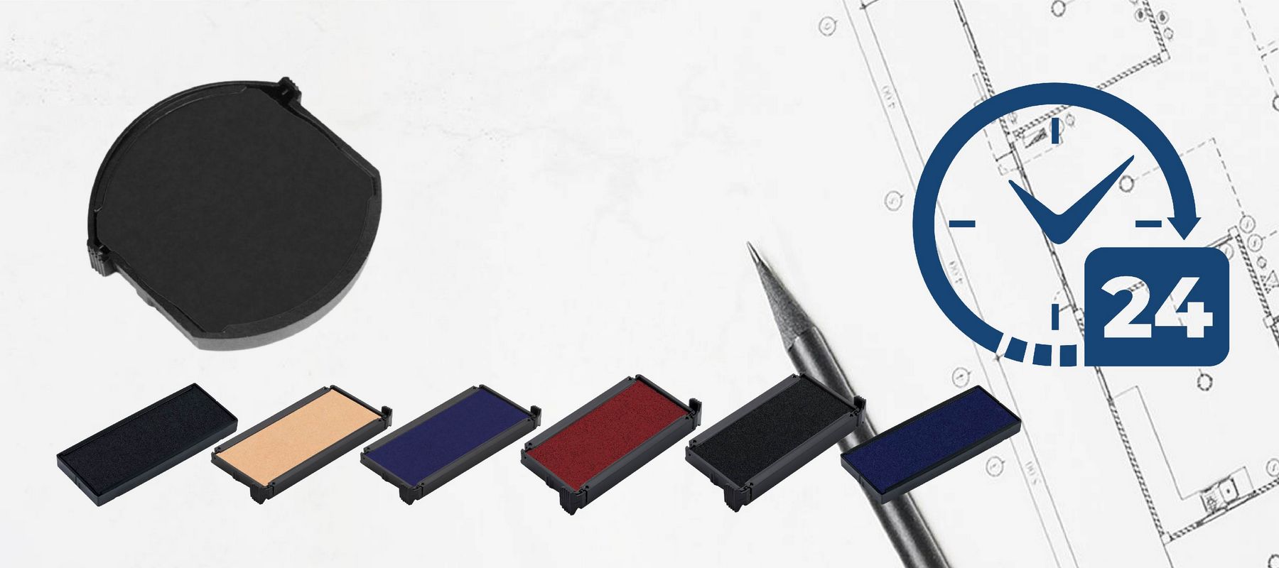 Image of various Replacement Ink Pads in different colors, displayed on a background with technical drawings, a pen, and a 24-hour clock icon.