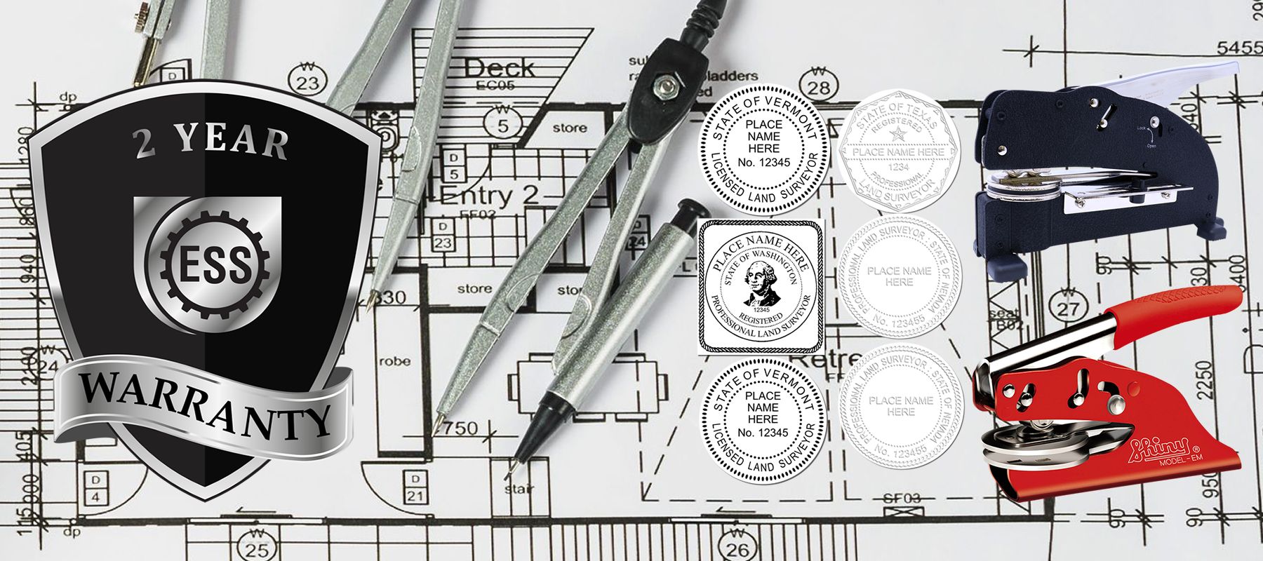 State Land Surveyor Stamps and Seals collection featuring various stamps, embossers, and drafting tools on a blueprint background.