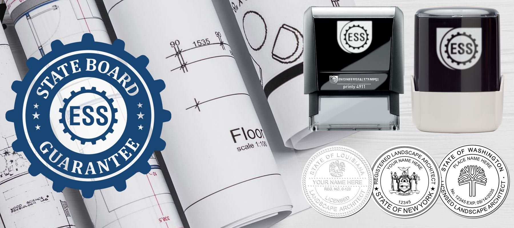 State Landscape Architect Stamp and Seals collection featuring blueprints, stamps, and seals with the State Board Guarantee logo.