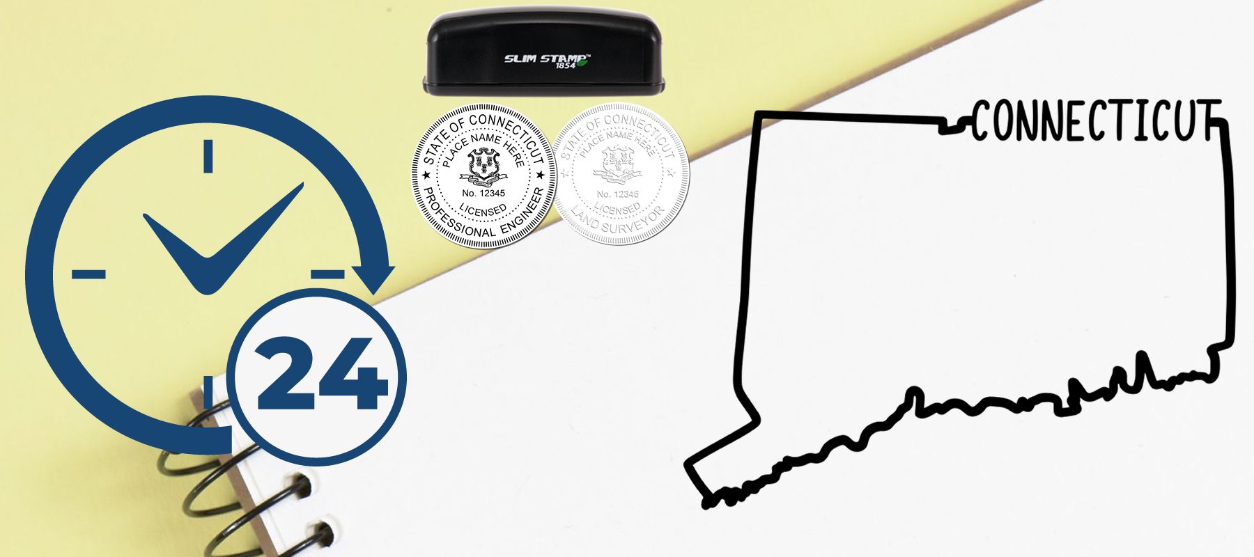 A banner of State of Connecticut Stamps and Seals showing how seals will look after stamping from them. It also shows the outline of Connecticut state.