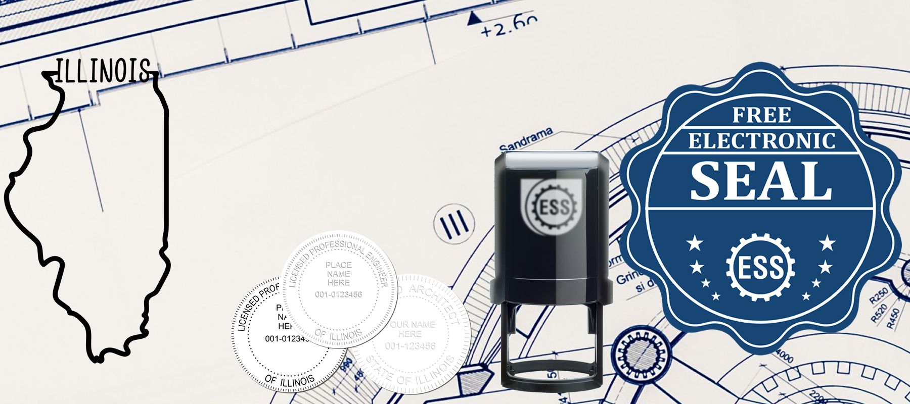 State of Illinois Stamps and Seals collection featuring a map outline, various seals, and a free electronic seal graphic on a blueprint background.