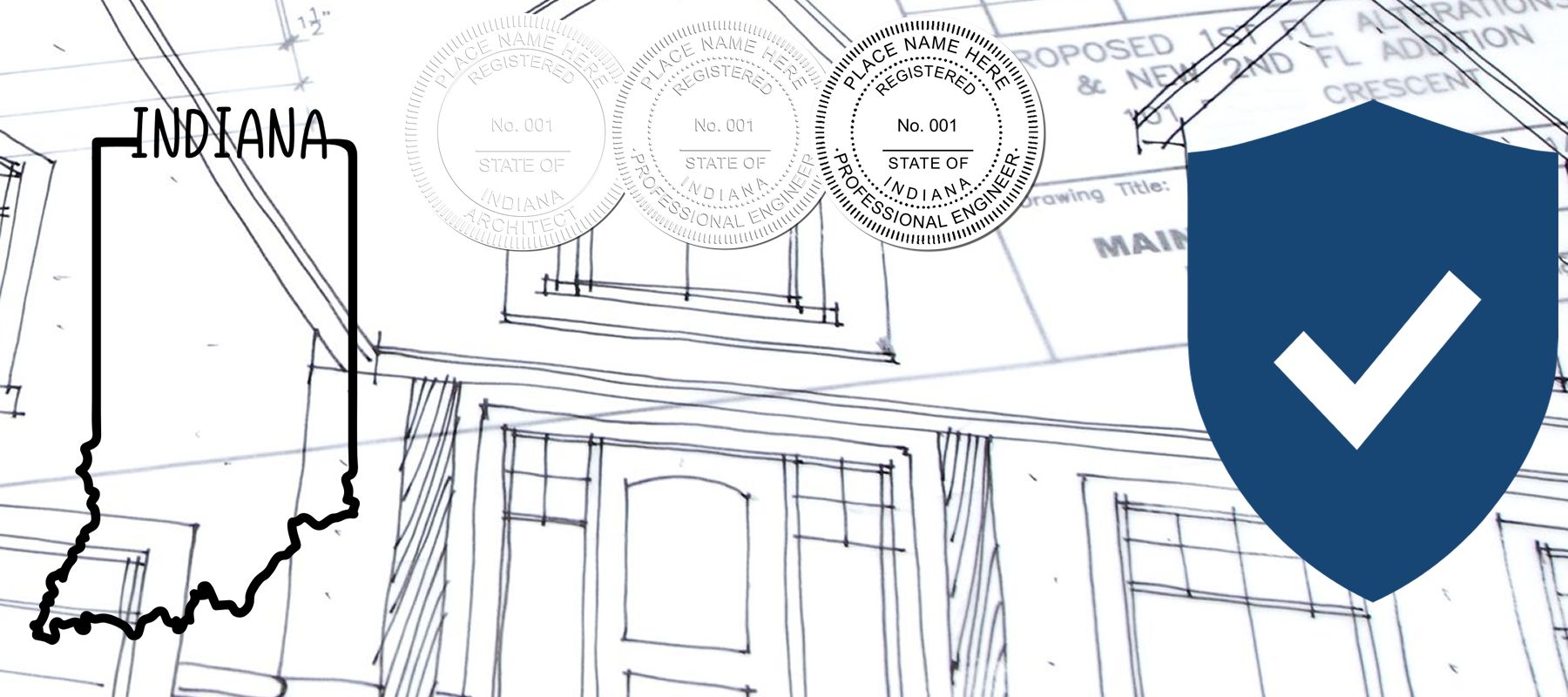 Blueprint background with Indiana state outline, three official seals, and a blue shield with a checkmark. State of Indiana Stamps and Seals collection.