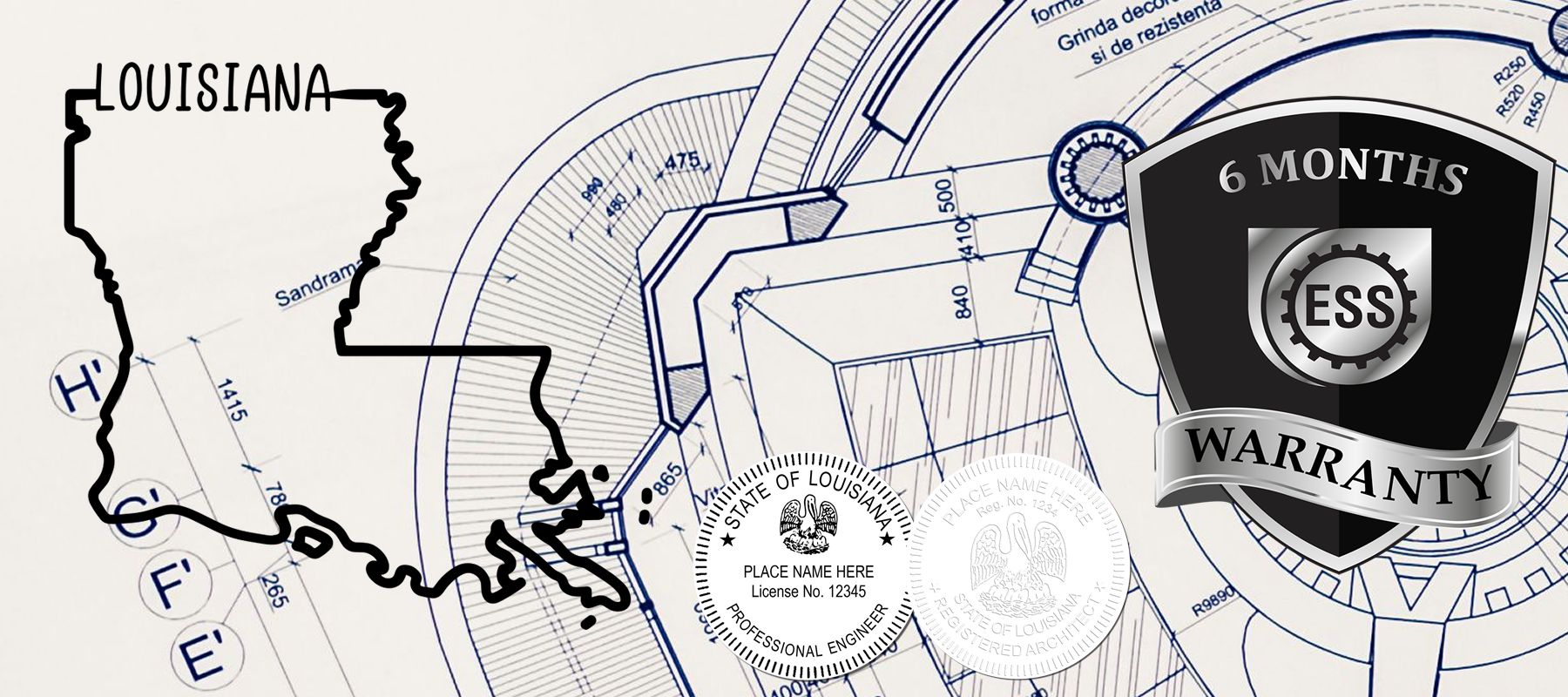Image of the State of Louisiana Stamps and Seals collection, featuring a Louisiana map outline, official seals, and a 6-month warranty badge.