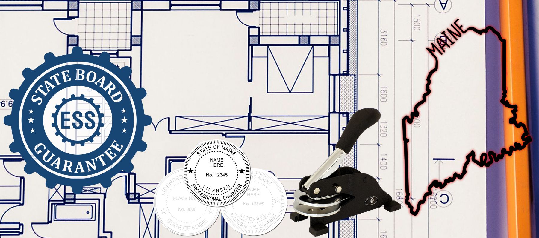 Blueprint background with State of Maine Stamps and Seals collection, featuring a seal embosser, state outline, and official stamps.