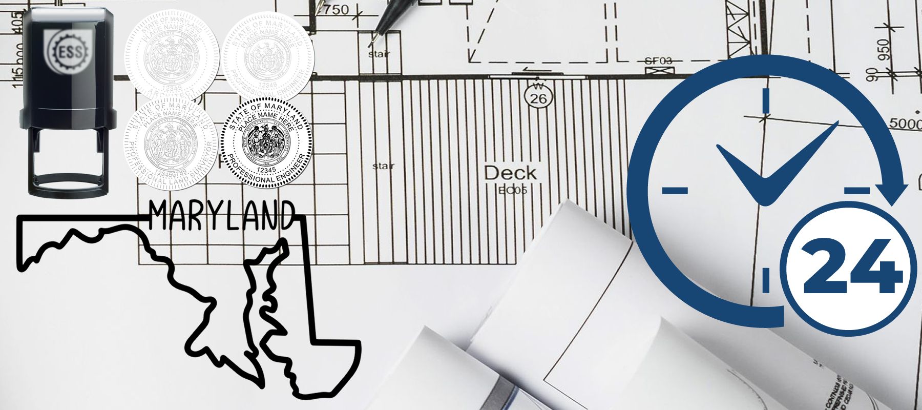 Blueprints, Maryland state outline, stamps, and a clock icon from the State of Maryland Stamps and Seals collection.