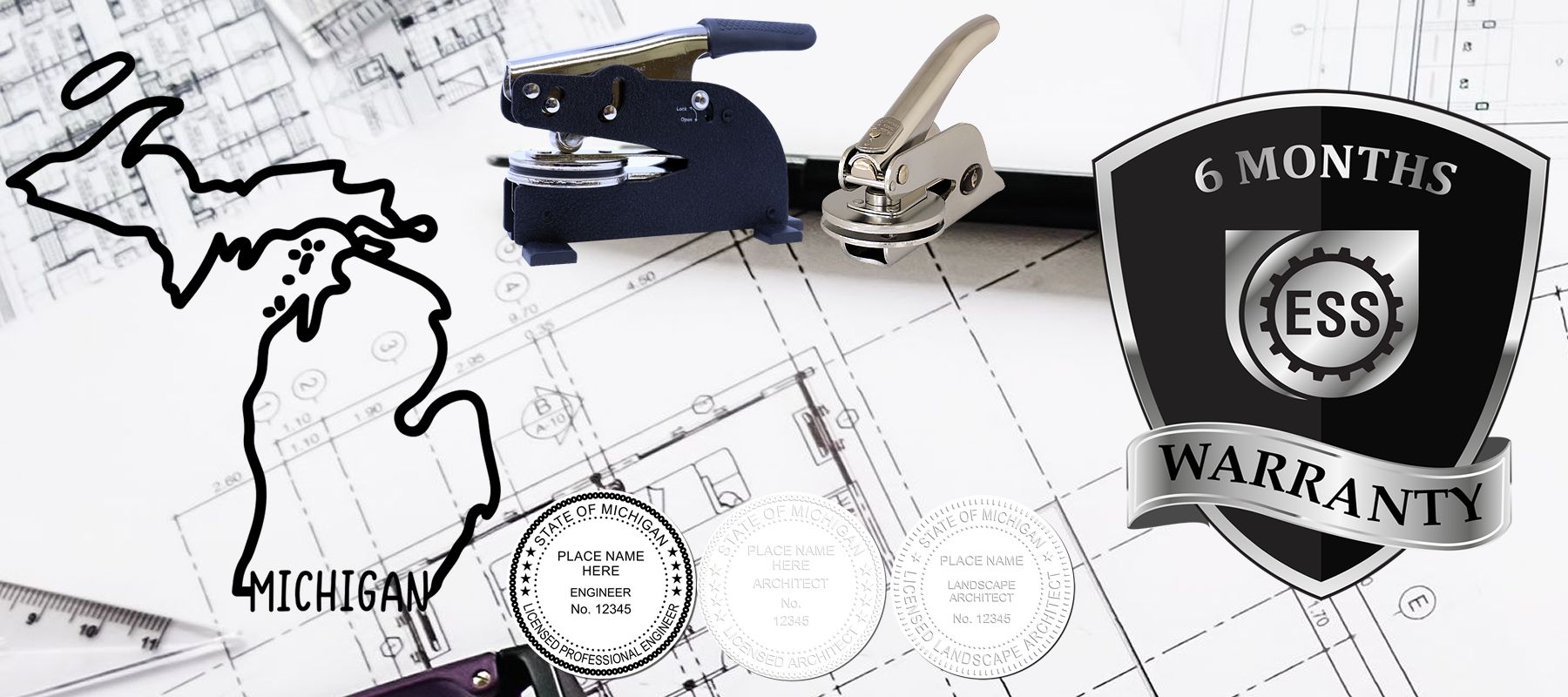 State of Michigan Stamps and Seals collection featuring embossers, stamps, and a 6-month warranty badge on architectural blueprints.