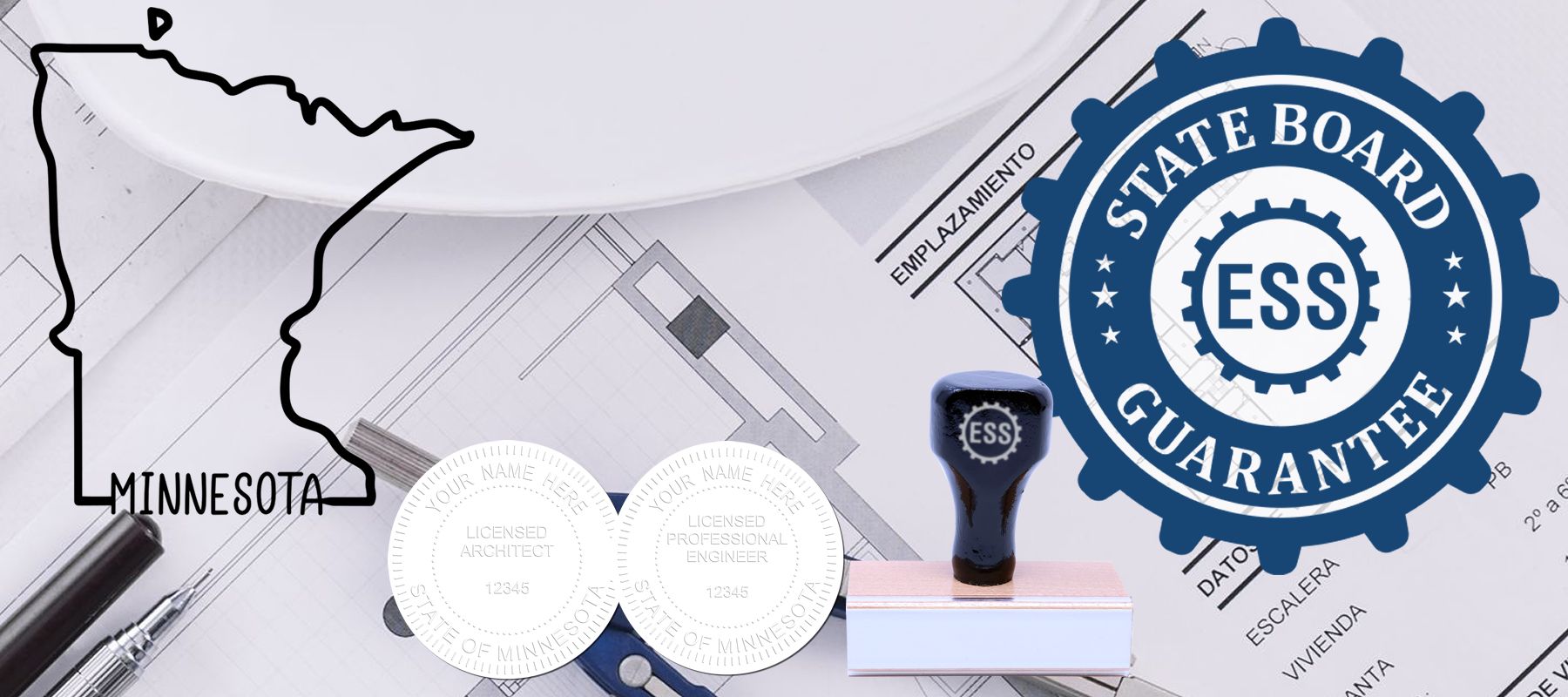 Image of the State of Minnesota Stamps and Seals collection, featuring architectural plans, stamps, and seals with the State Board Guarantee logo.